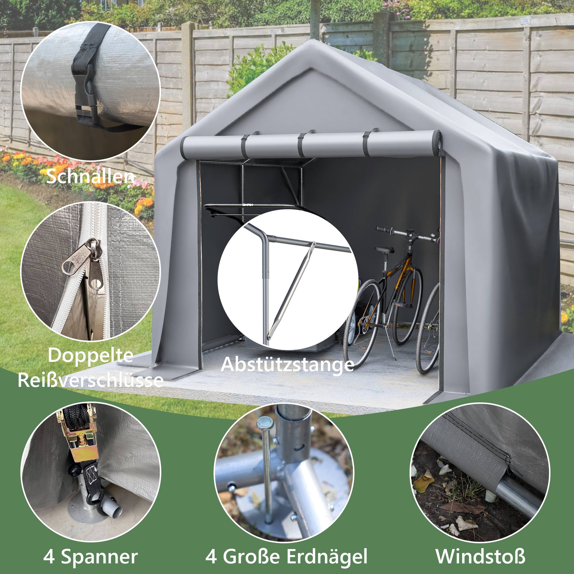Abri de jardin 244x241x217cm gris foncé, garage vélo et tente de rangement pour outils extérieurs - Image 4