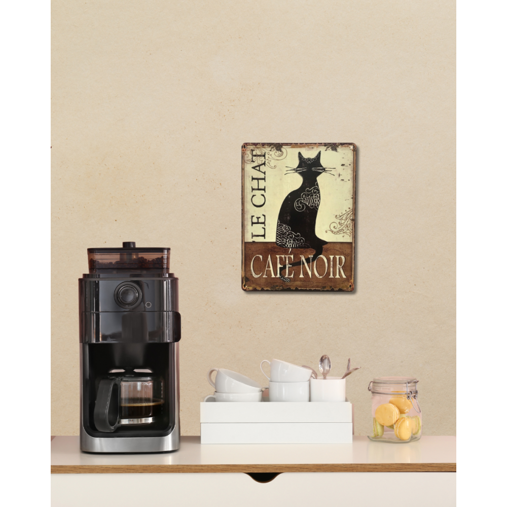 ~ Plaque murale décorative vintage fer noir marron chat café 33x25cm Chemin de campagne - Imagen 2