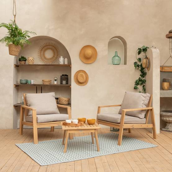 Salon de jardin en acacia 2 places GILI - coussins sable - HAPPY GARDEN - Image 2