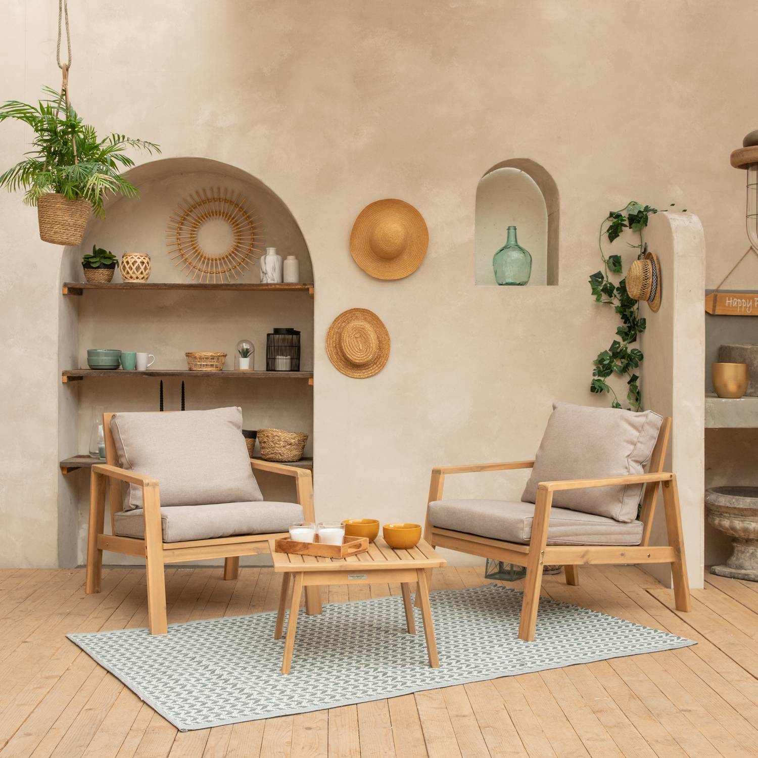 Salon de jardin en acacia 2 places GILI - coussins sable - HAPPY GARDEN - Image 2
