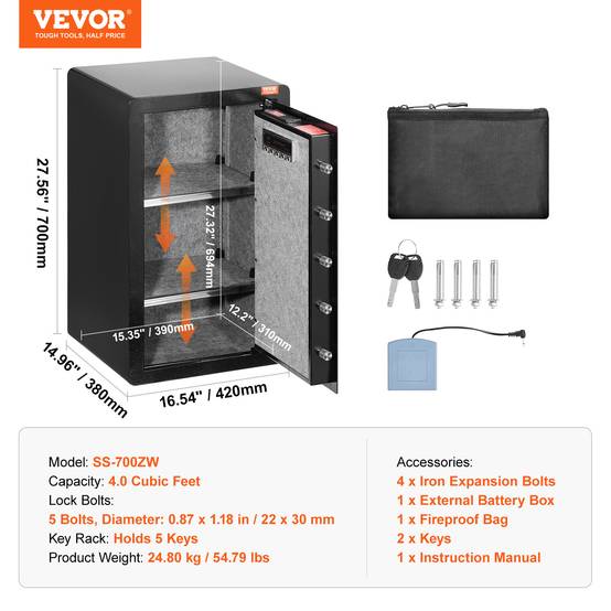 VEVOR Coffre-fort porte simple 113L, 3 façons déverrouillage clé/mot de passe/empreinte, sac. - Image 7