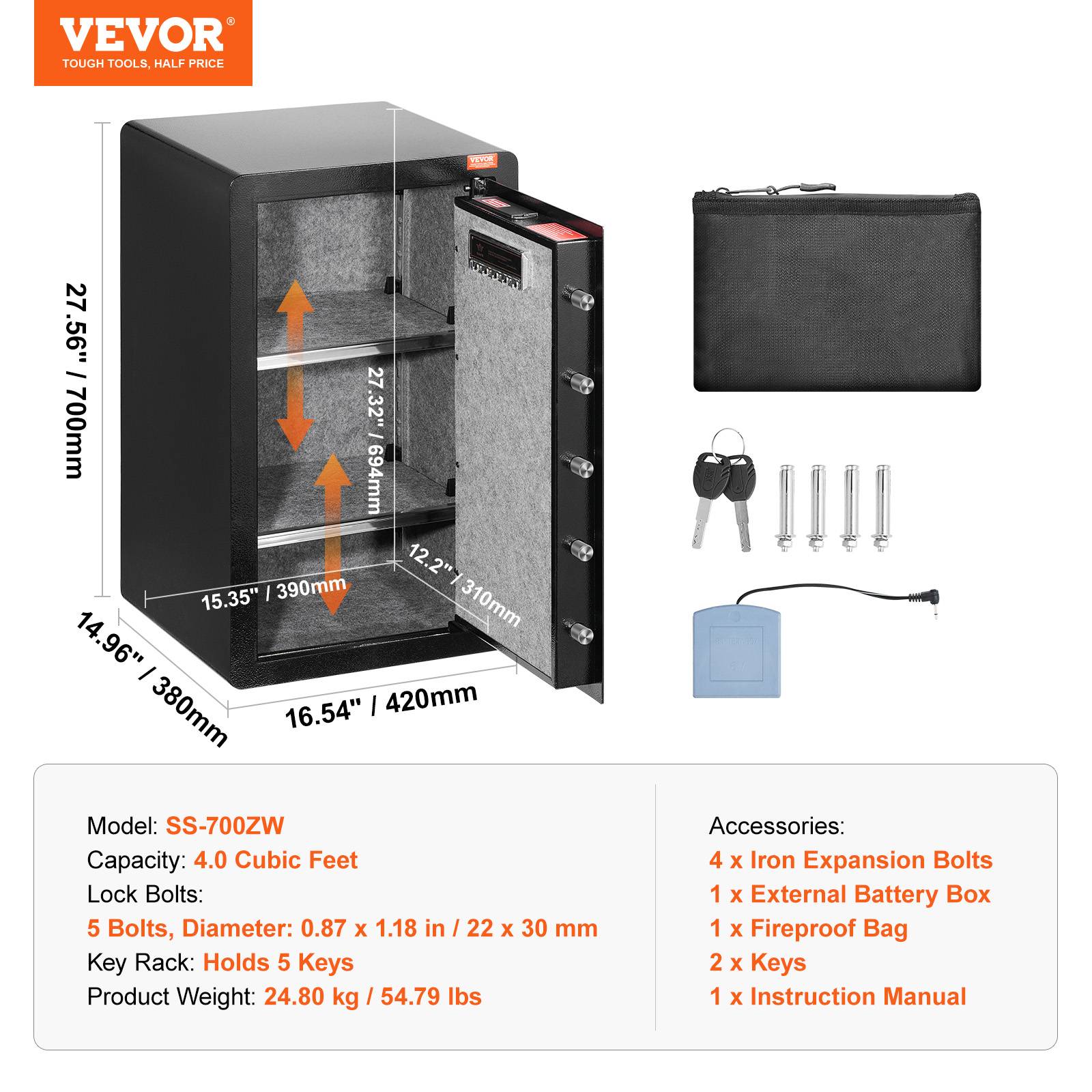 VEVOR Coffre-fort porte simple 113L, 3 façons déverrouillage clé/mot de passe/empreinte, sac. - Image 7