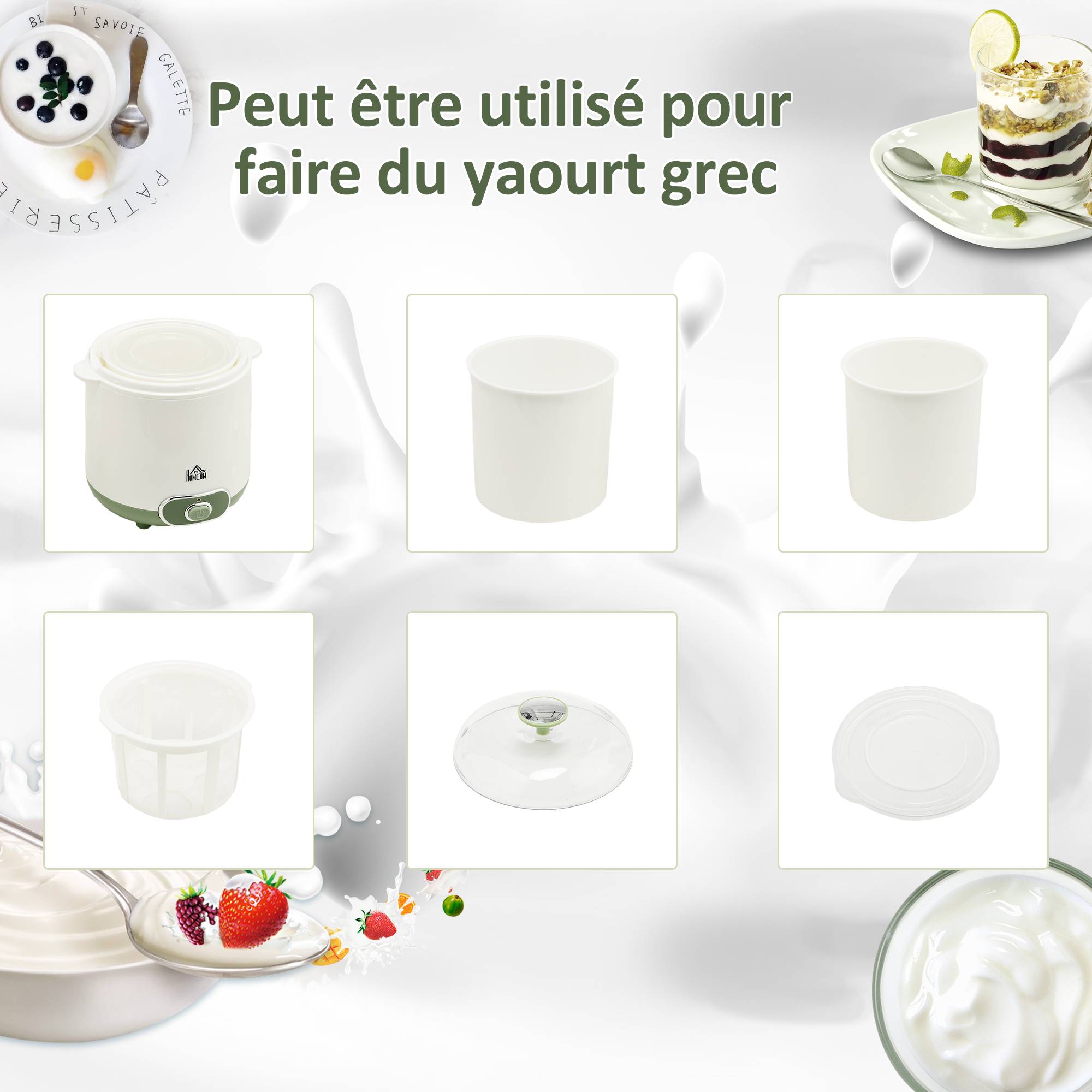 Yaourtière électrique 20W avec 2 récipients 1,5L, filtre yaourt grec et 2 couvercles, blanc - Image 7
