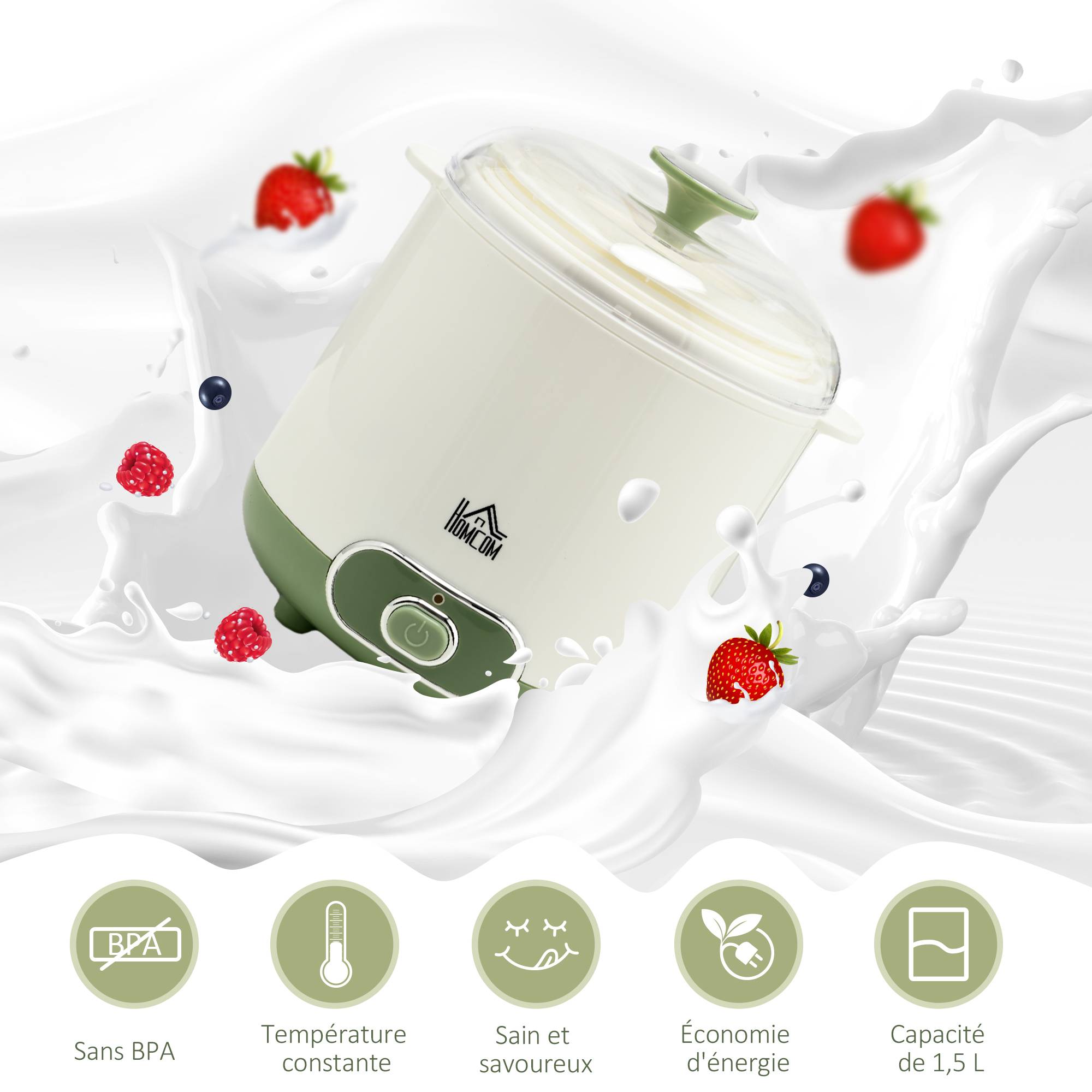Yaourtière électrique 20W avec 2 récipients 1,5L, filtre yaourt grec et 2 couvercles, blanc - Image 6
