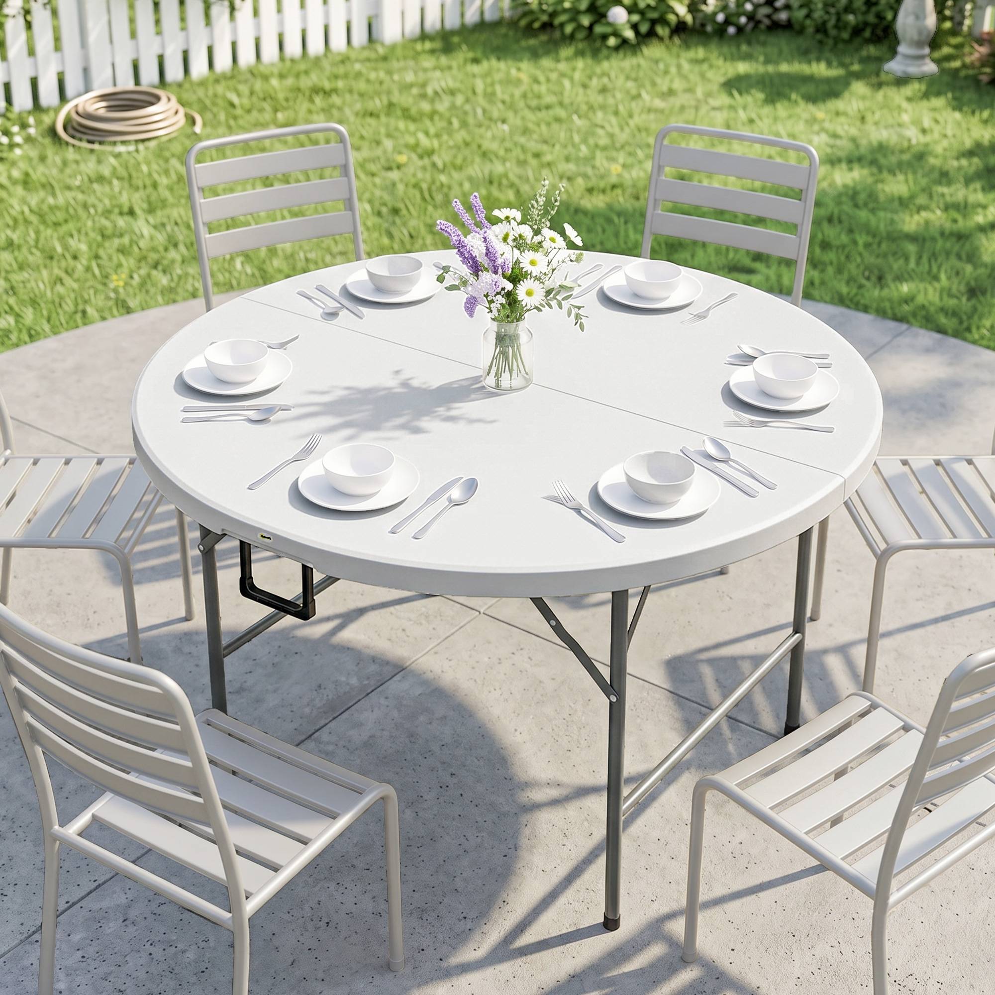 Sans Marque - Table ronde de jardin pliante Ø122 cm peut accueillir 6 personnes pour évènement, structure métal, plateau HDPE - Image 3