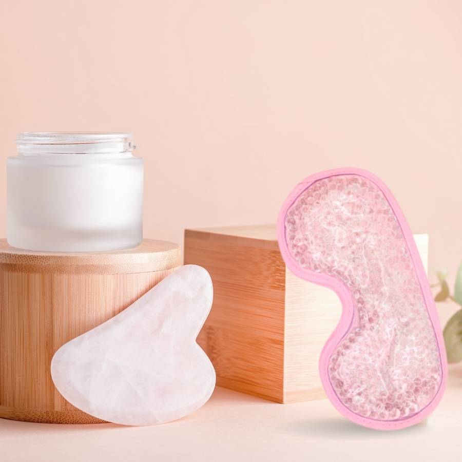 Gua Sha en Quartz Rose Naturel pour Visage et Corps + Masque Yeux Thermothérapie Double utilisation Chaud/Froid - Sun&Sia
