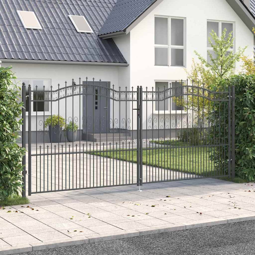Portail Jardin Double Battant Acier Style Fer Forgé Pointe de Lance 404x223 cm Gris - ComfortXL Outdoor Living - Image 1