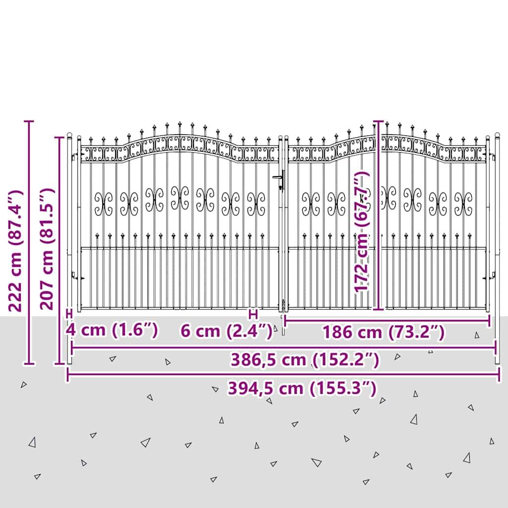 Portail Jardin Double Battant Acier Style Fer Forgé Pointe de Lance 404x223 cm Gris - ComfortXL Outdoor Living - Image 8