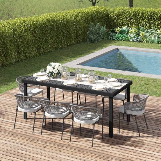 Table à Manger Aluminium Jardin Terrasse Repas 8 Personnes Aspect Bois Noir - ComfortXL Outdoor Living - Image 4