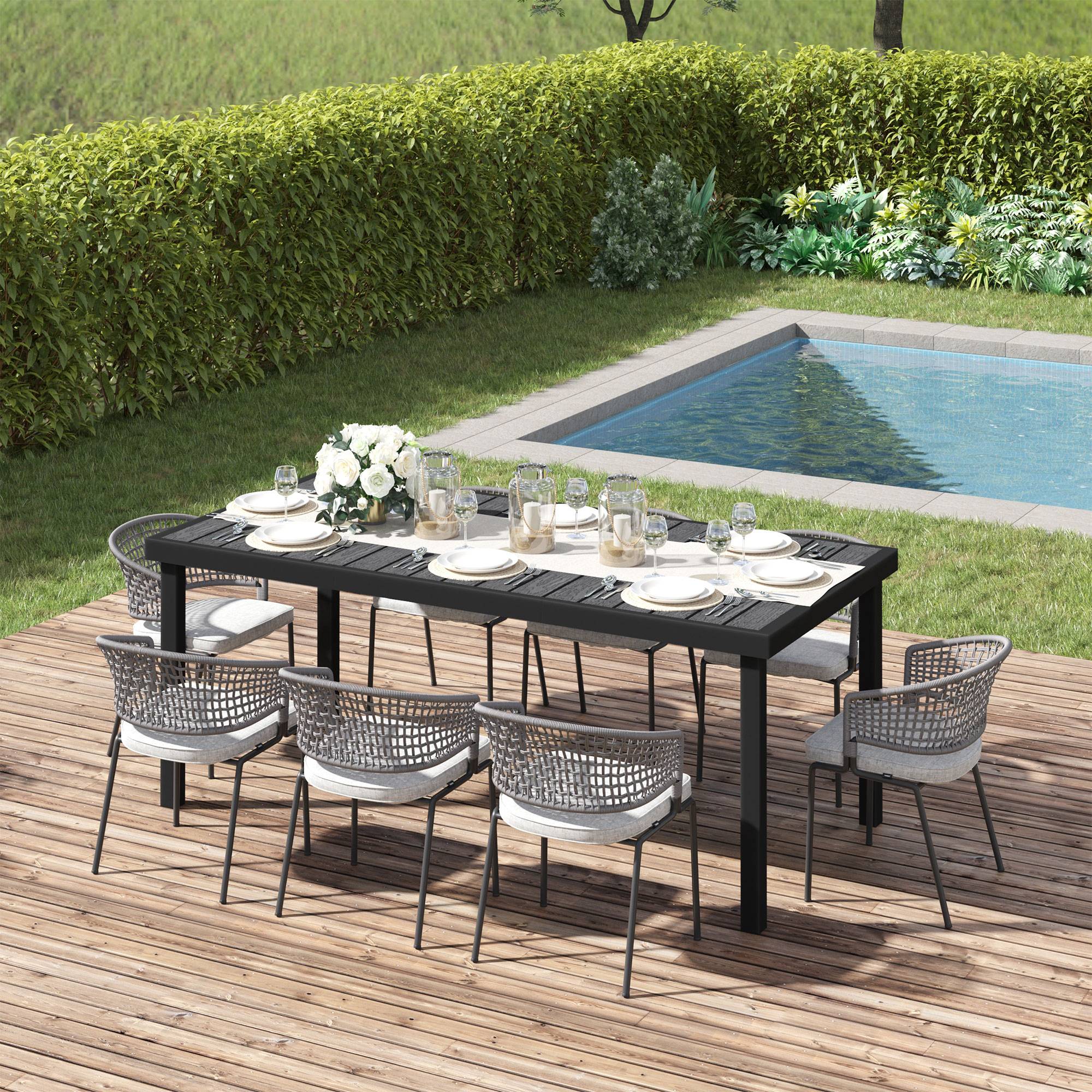 Table à Manger Aluminium Jardin Terrasse Repas 8 Personnes Aspect Bois Noir - ComfortXL Outdoor Living - Image 4
