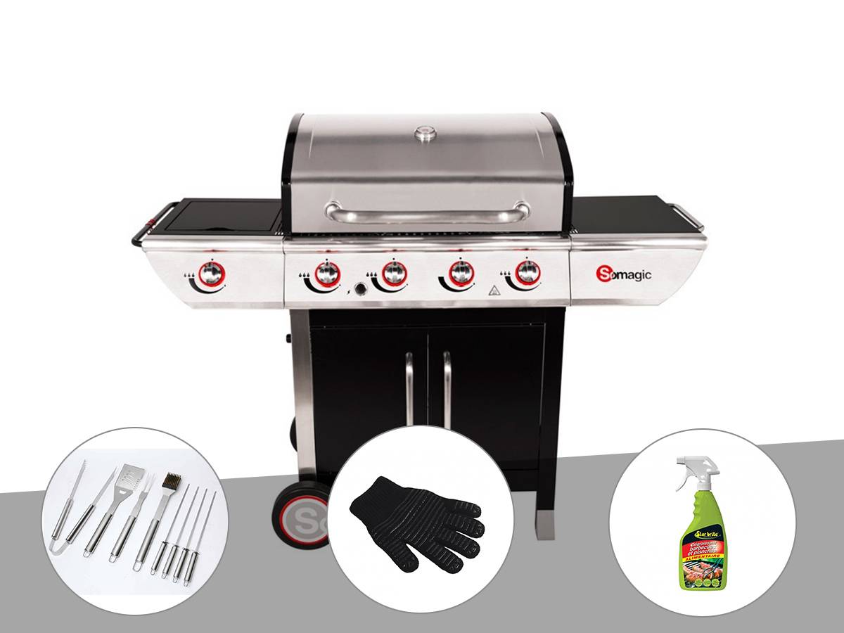 Somagic - Barbecue à gaz avec chariot Manhattan 450GPI + plancha + Malette de 8 accessoires inox + Gant de protection + Dégraissant pour barbecue