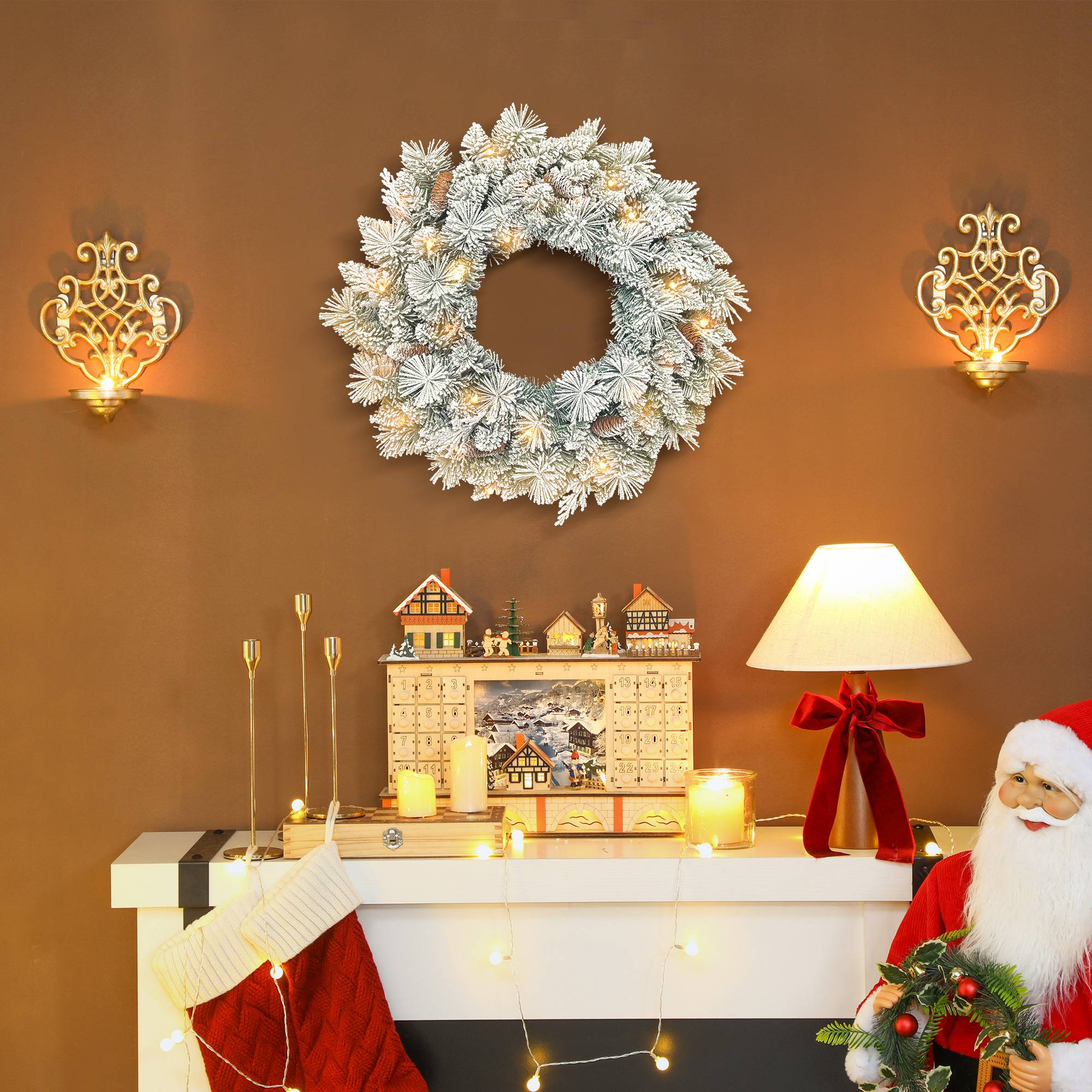 Sans Marque - Couronne de Noël lumineuse 60 cm avec 35 LED blanc chaud, minuterie, 98 pointes, pommes de pin, vert et blanc - Image 3