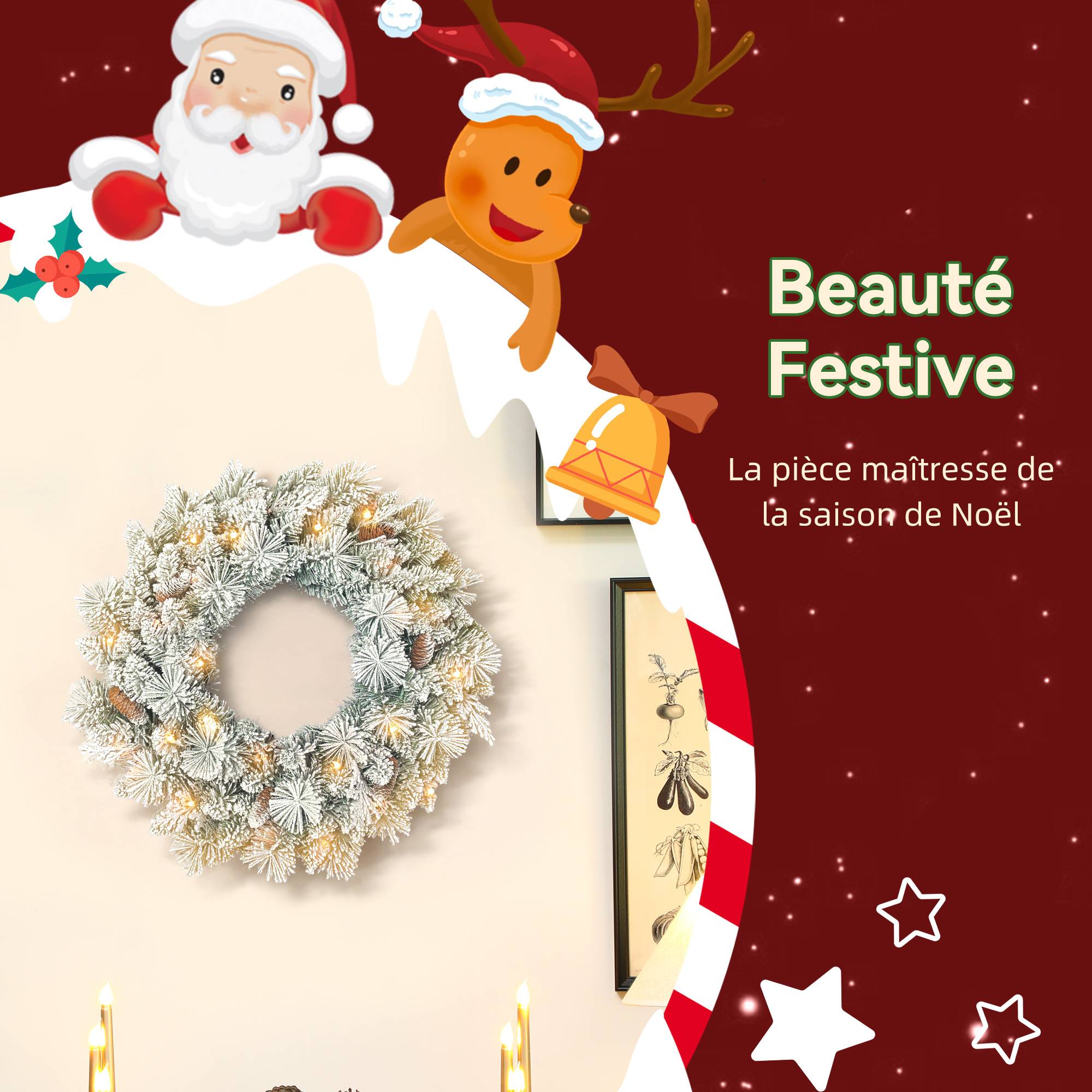 Sans Marque - Couronne de Noël lumineuse 60 cm avec 35 LED blanc chaud, minuterie, 98 pointes, pommes de pin, vert et blanc - Image 6