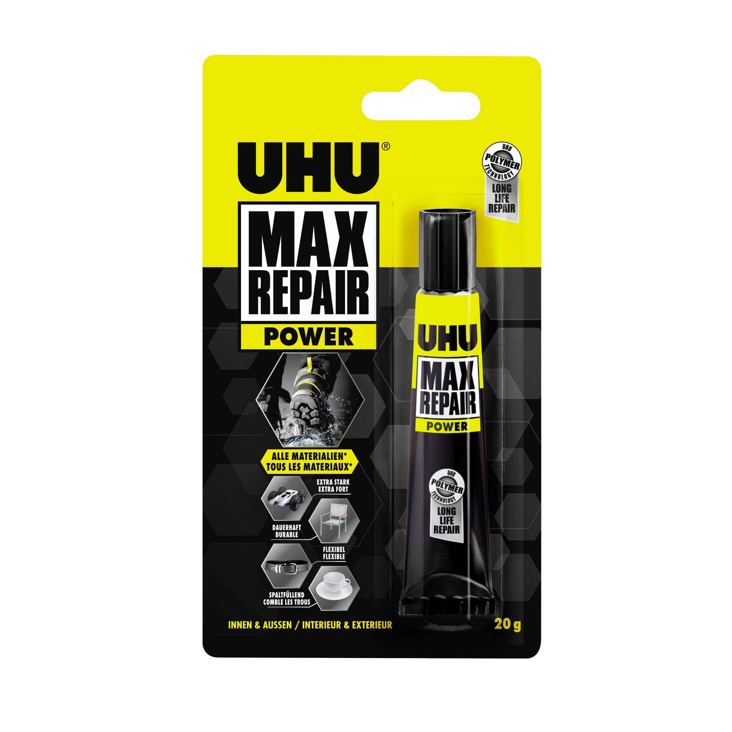 UHU Max Repair power - Colle extra puissante et flexible, transparente, idéale pour les chaussures, le caoutchouc, le cuir, tube 20g - Image 1