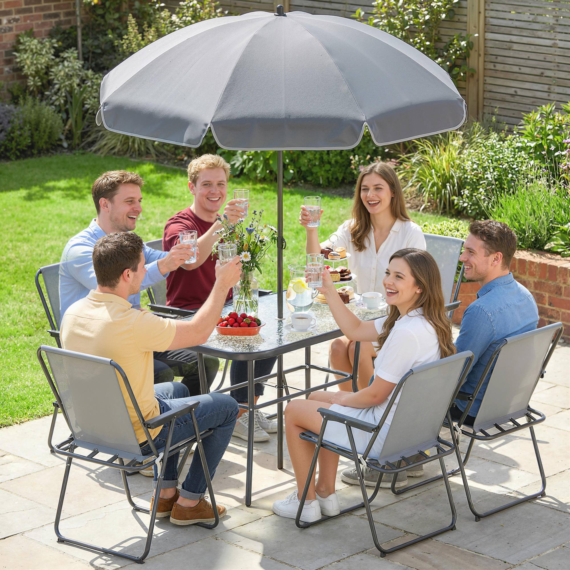 Mobilier de jardin : table verre 119x68 cm + 6 chaises pliantes + trou parasol, motif vagues, gris - Image 9