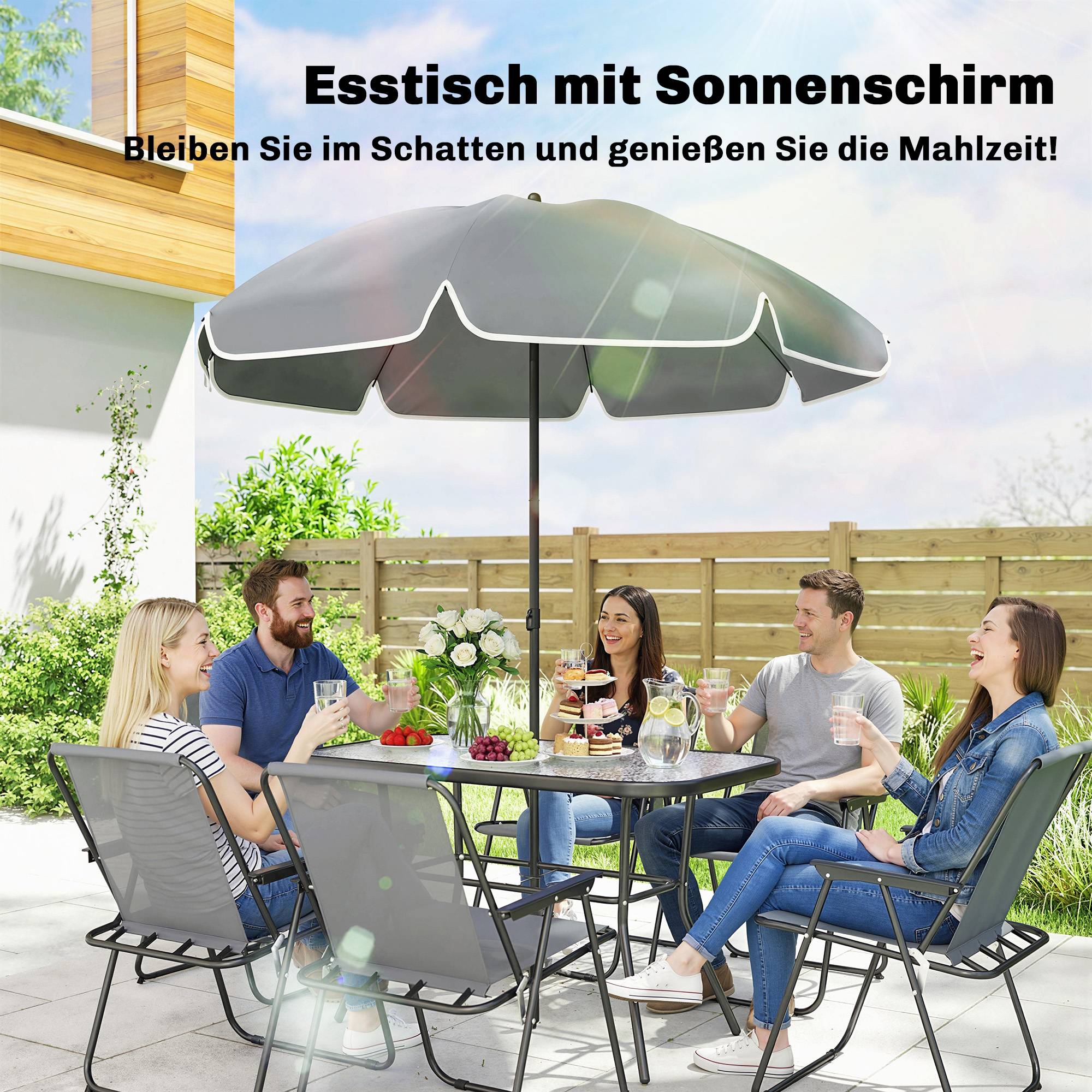 Mobilier de jardin : table verre 119x68 cm + 6 chaises pliantes + trou parasol, motif vagues, gris - Image 6