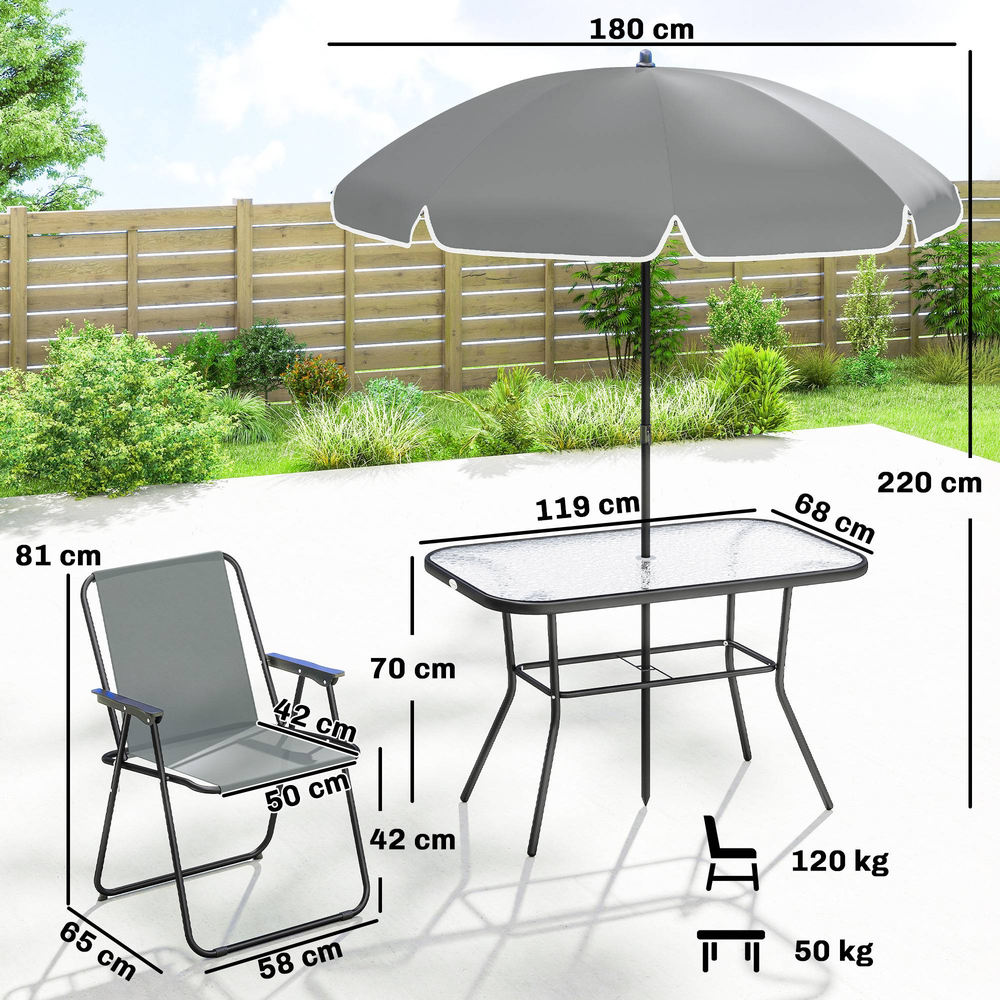 Mobilier de jardin : table verre 119x68 cm + 6 chaises pliantes + trou parasol, motif vagues, gris - Image 3