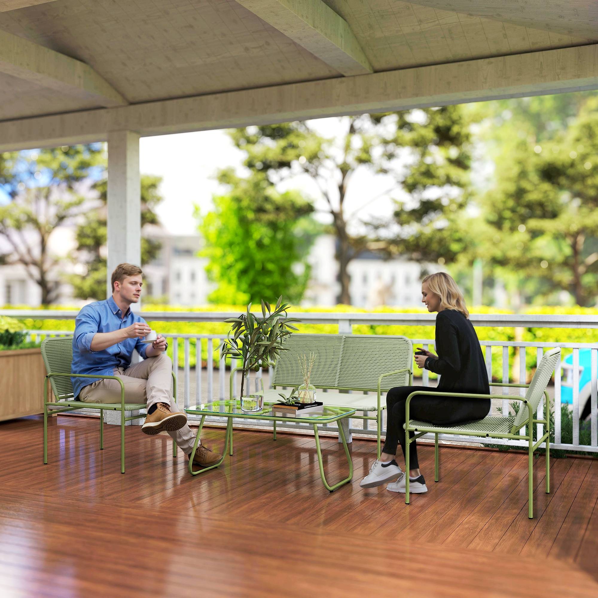 Salon de jardin 4 places résine tressée Canapé 2 fauteuils et table basse Vert - ComfortXL Outdoor Living - Image 3