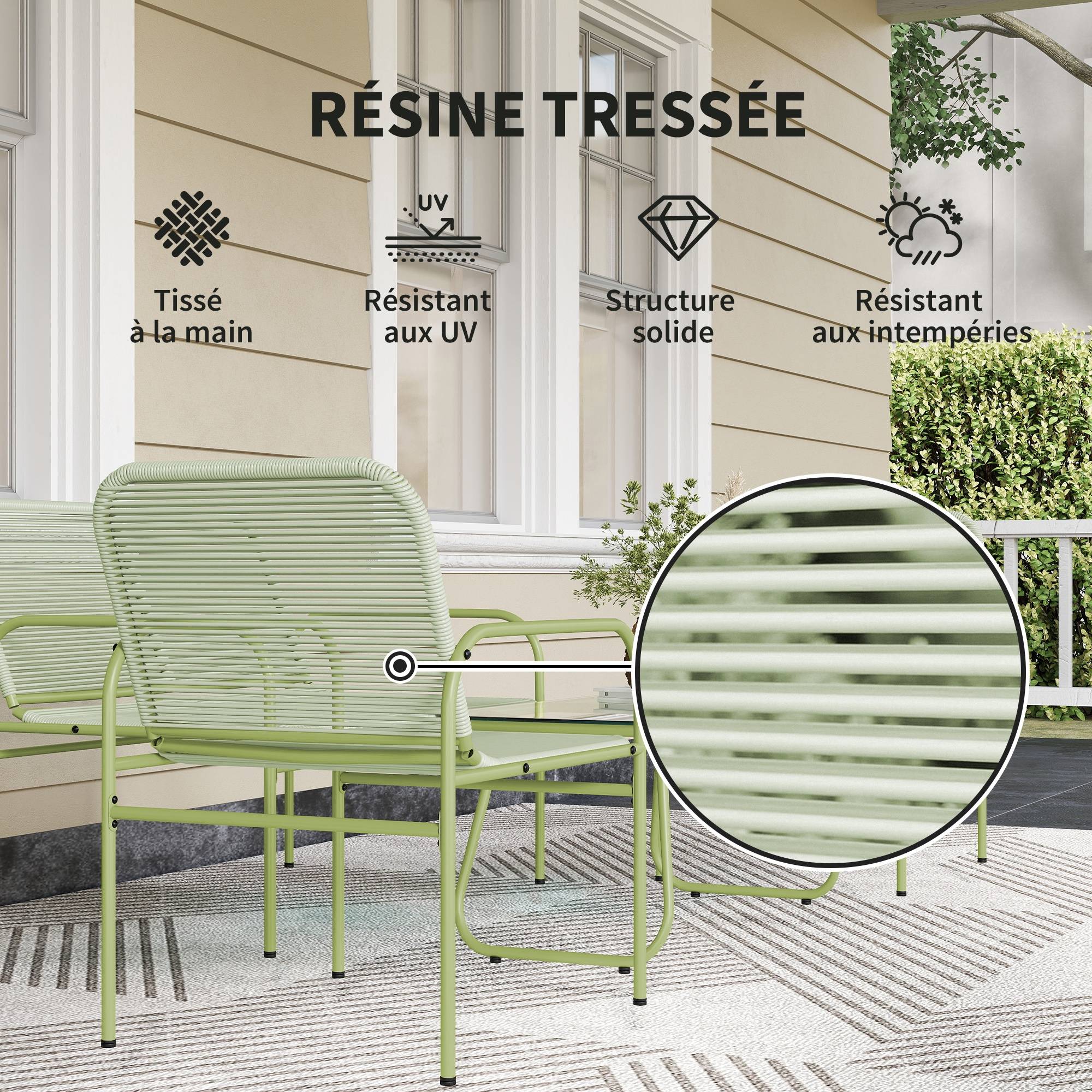 Salon de jardin 4 places résine tressée Canapé 2 fauteuils et table basse Vert - ComfortXL Outdoor Living - Image 7