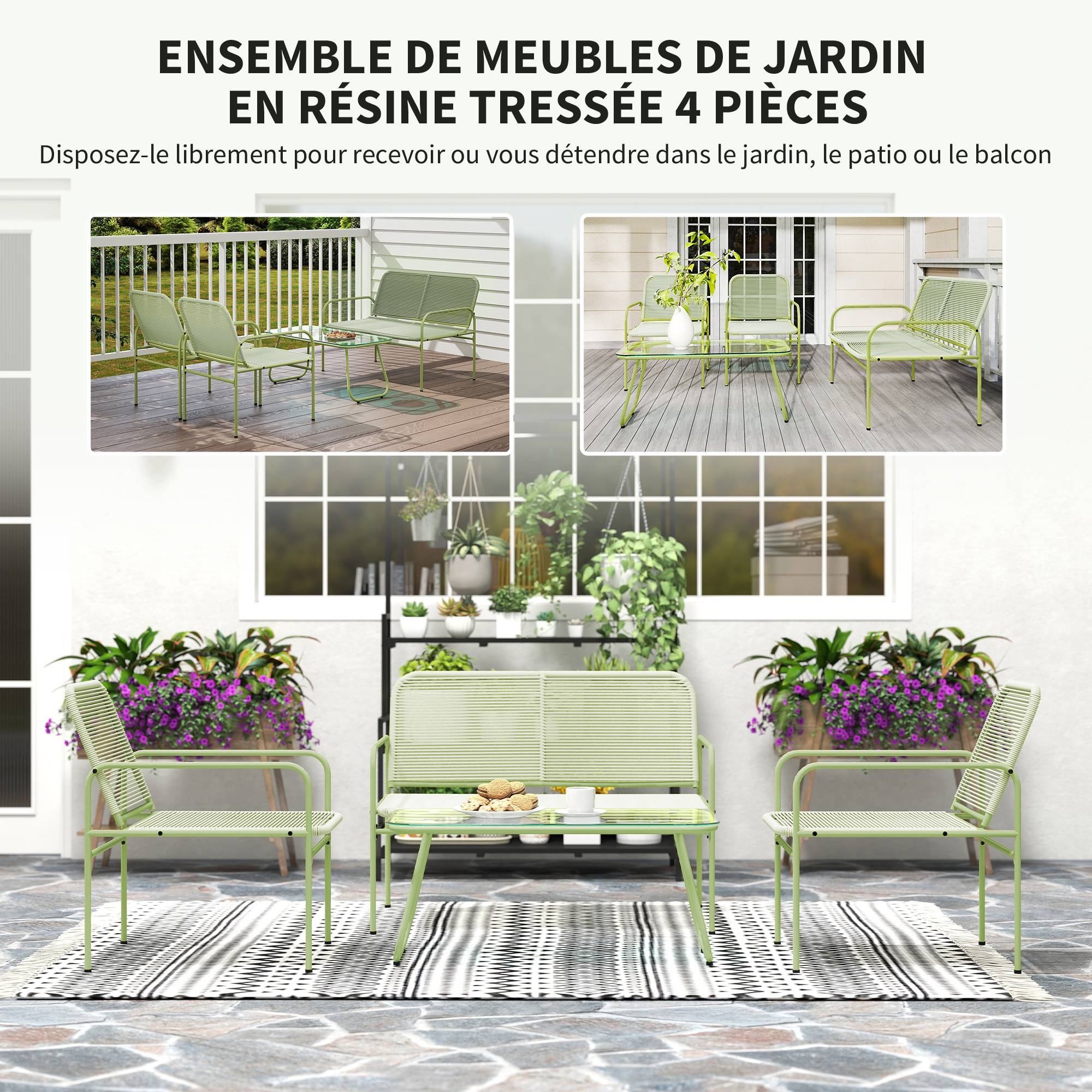Salon de jardin 4 places résine tressée Canapé 2 fauteuils et table basse Vert - ComfortXL Outdoor Living - Image 6