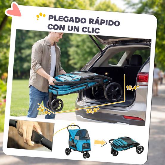 Poussette pliable pour chien à 3 roues, fenêtres en filet, coussin lavable, tout terrain, capacité de charge 20 kg, 92 x 63 x 95 cm, bleue - Image 6