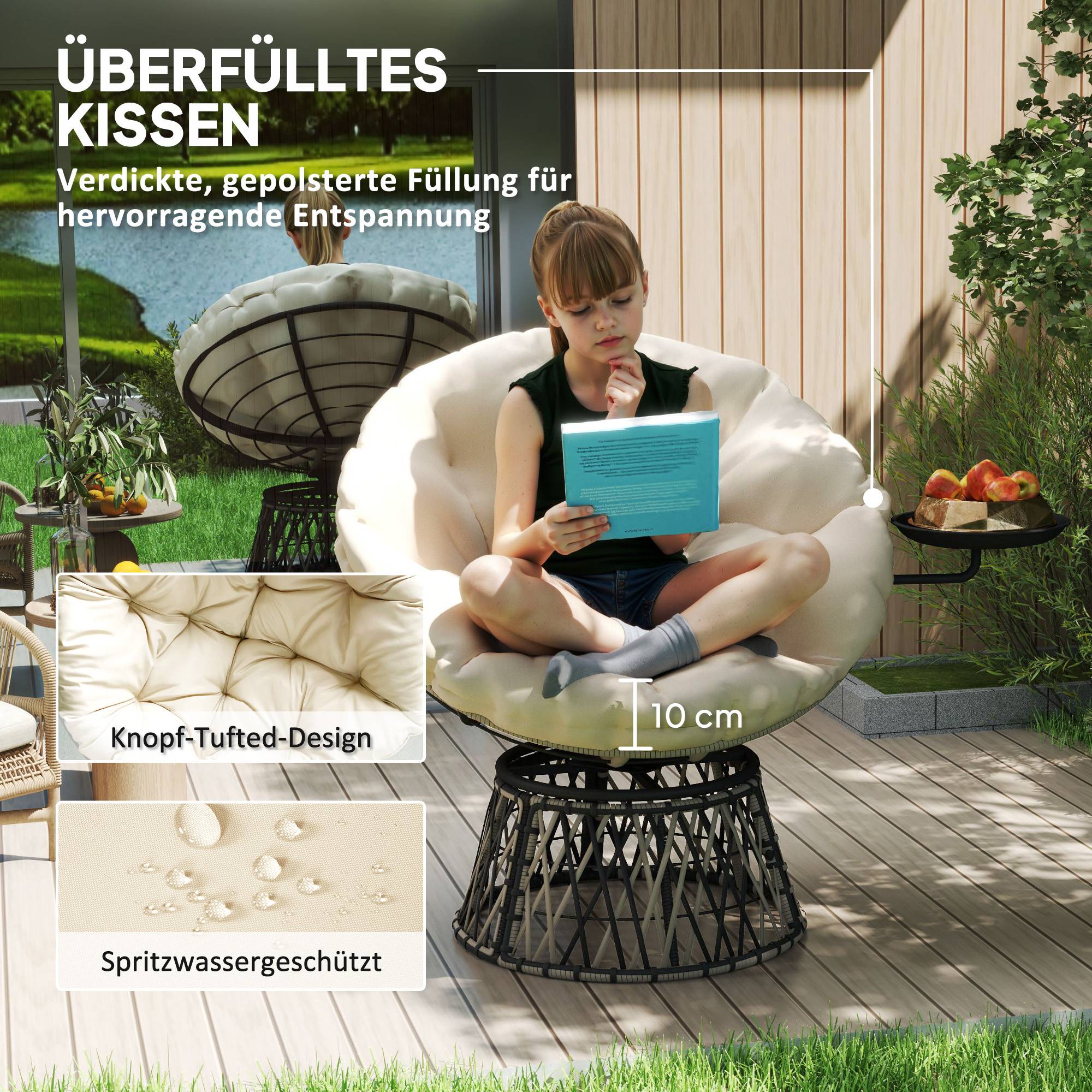 Fauteuil Papasan en rotin pivotant 360°, coussin rond diamètre 90 cm, Beige, salon de jardin confortable - Image 6