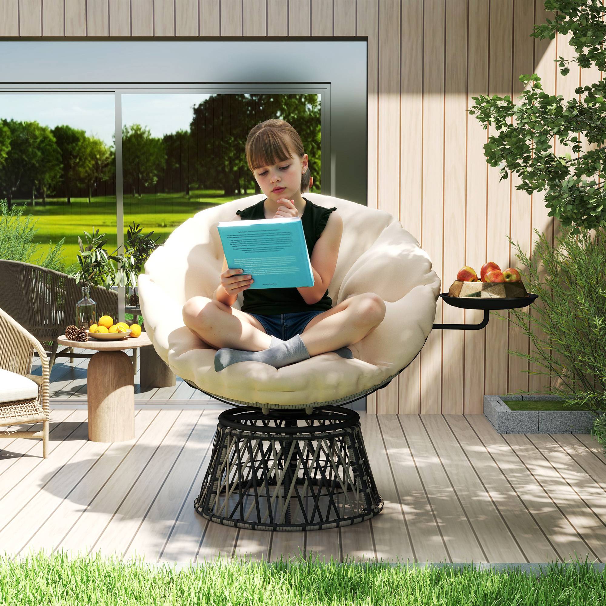 Fauteuil Papasan en rotin pivotant 360°, coussin rond diamètre 90 cm, Beige, salon de jardin confortable - Image 2