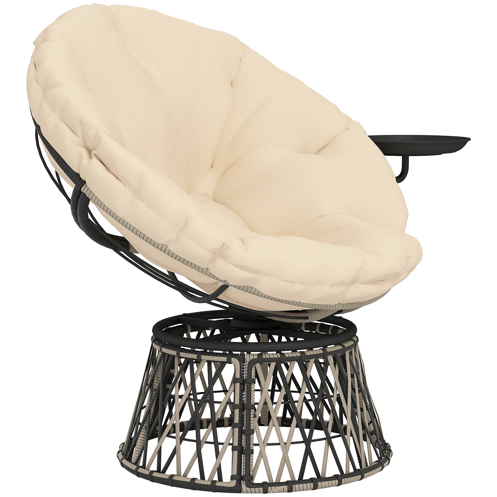 Fauteuil Papasan en rotin pivotant 360°, coussin rond diamètre 90 cm, Beige, salon de jardin confortable - Image 1
