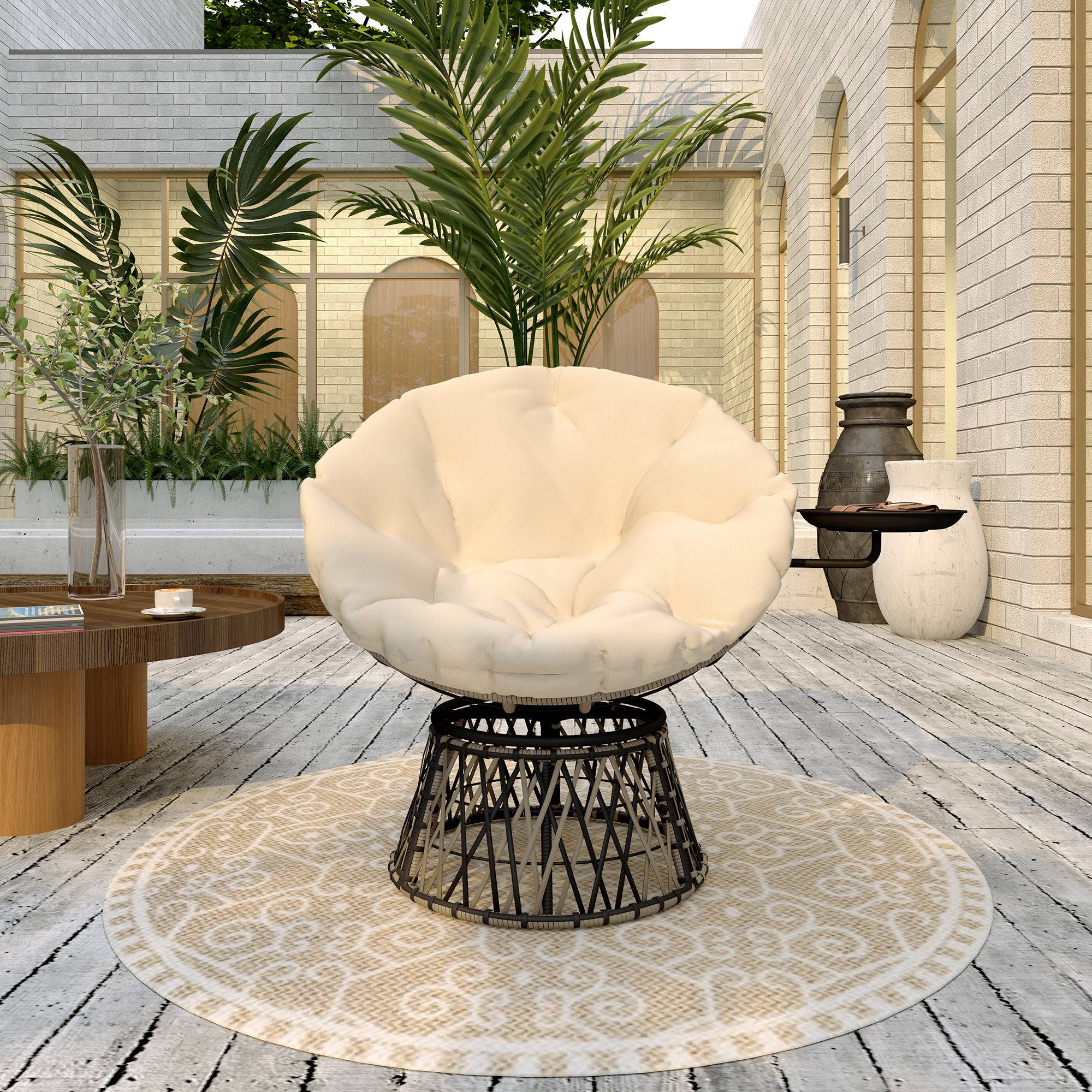 Fauteuil Papasan en rotin pivotant 360°, coussin rond diamètre 90 cm, Beige, salon de jardin confortable - Image 9