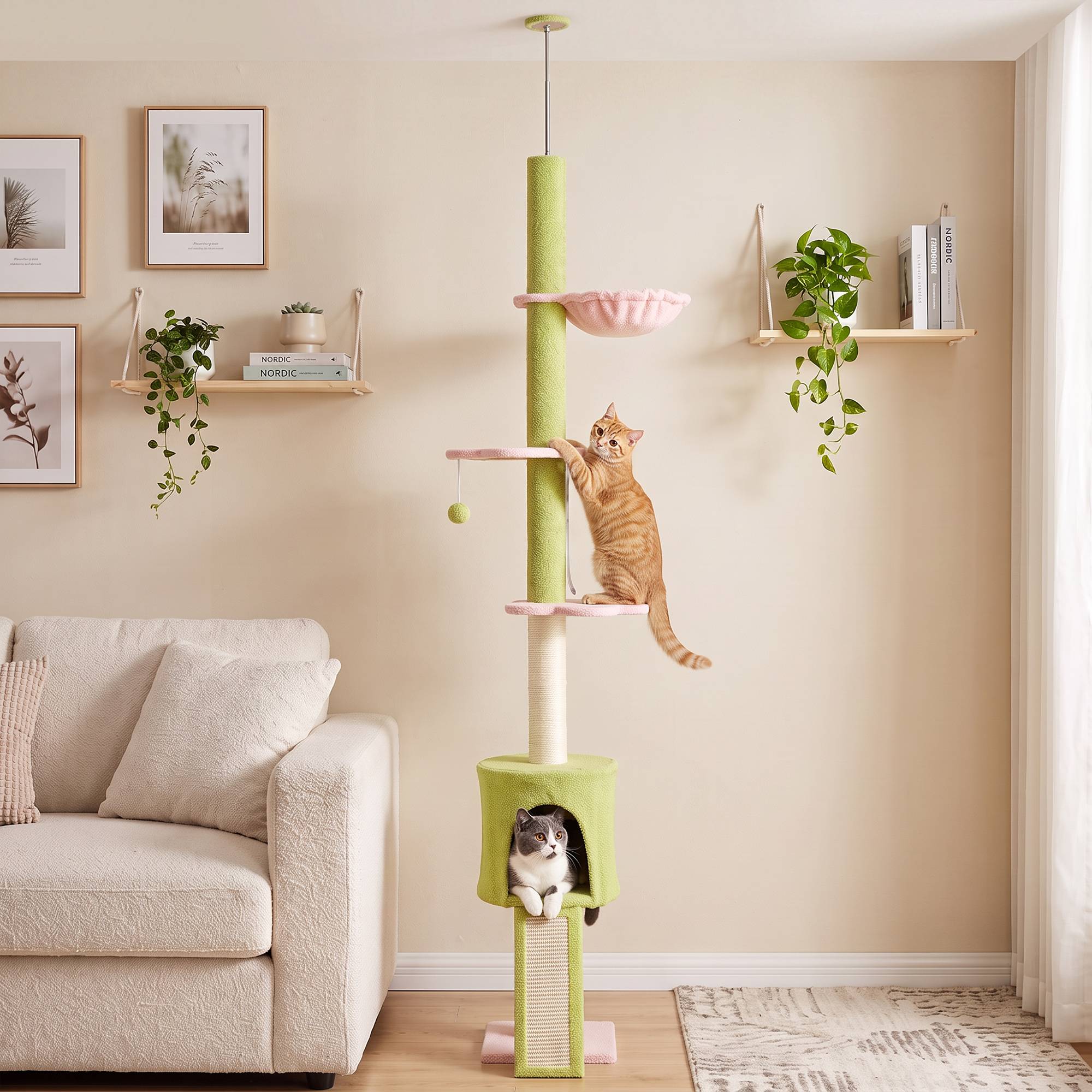 Arbre à chat avec grotte, hamac, hauteur réglable, revêtement tissu, vert - Image 10