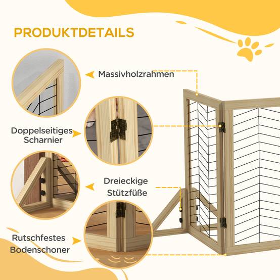 Barrière pour chien, barrière escalier, pliable, pin, 375 cm x 44 cm x 70 cm, naturel - Image 9