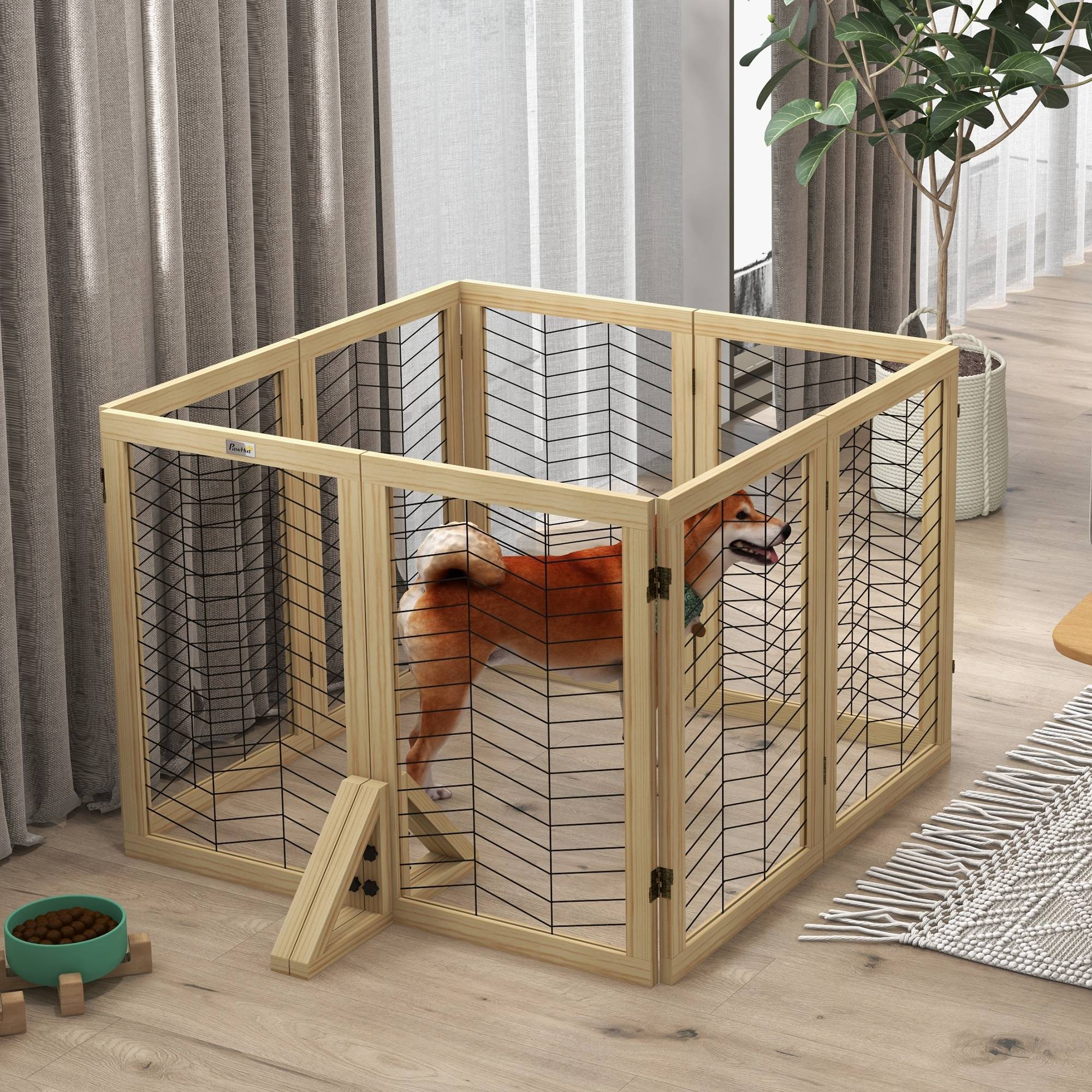 Barrière pour chien, barrière escalier, pliable, pin, 375 cm x 44 cm x 70 cm, naturel - Image 10
