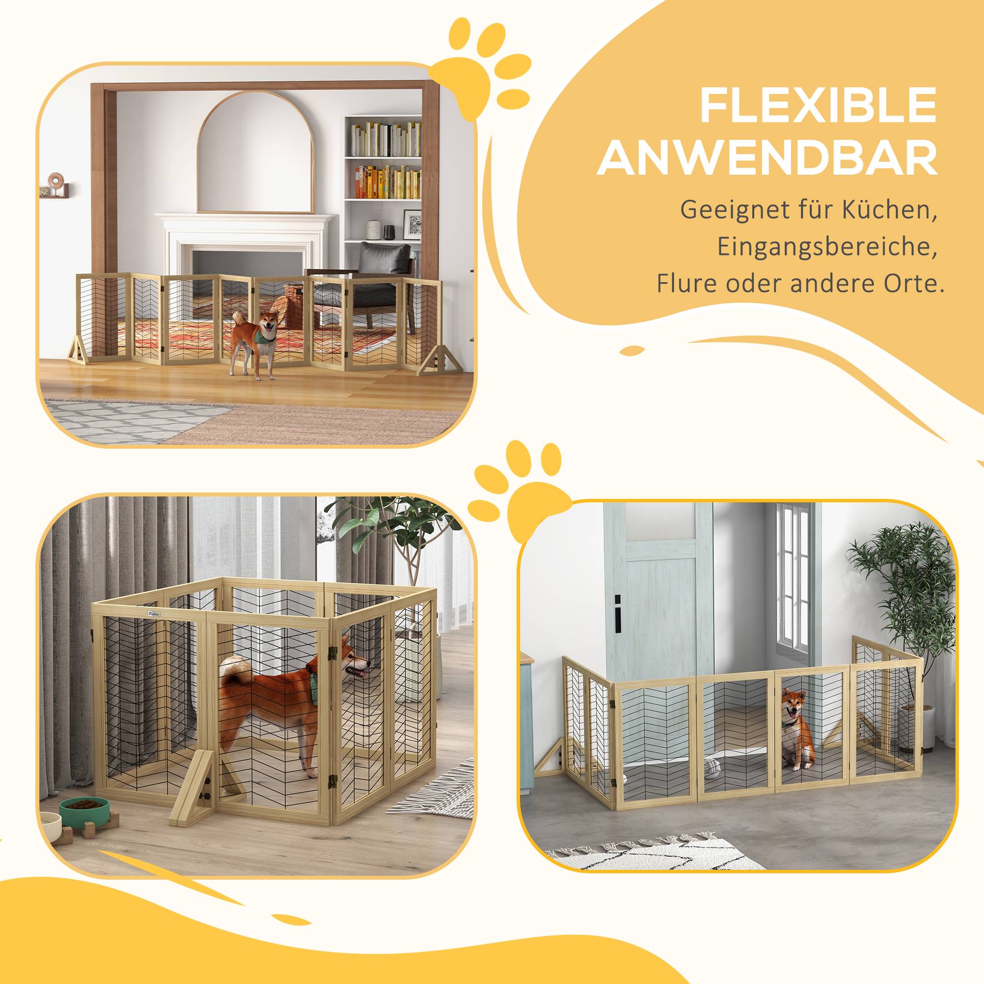 Barrière pour chien, barrière escalier, pliable, pin, 375 cm x 44 cm x 70 cm, naturel - Image 8