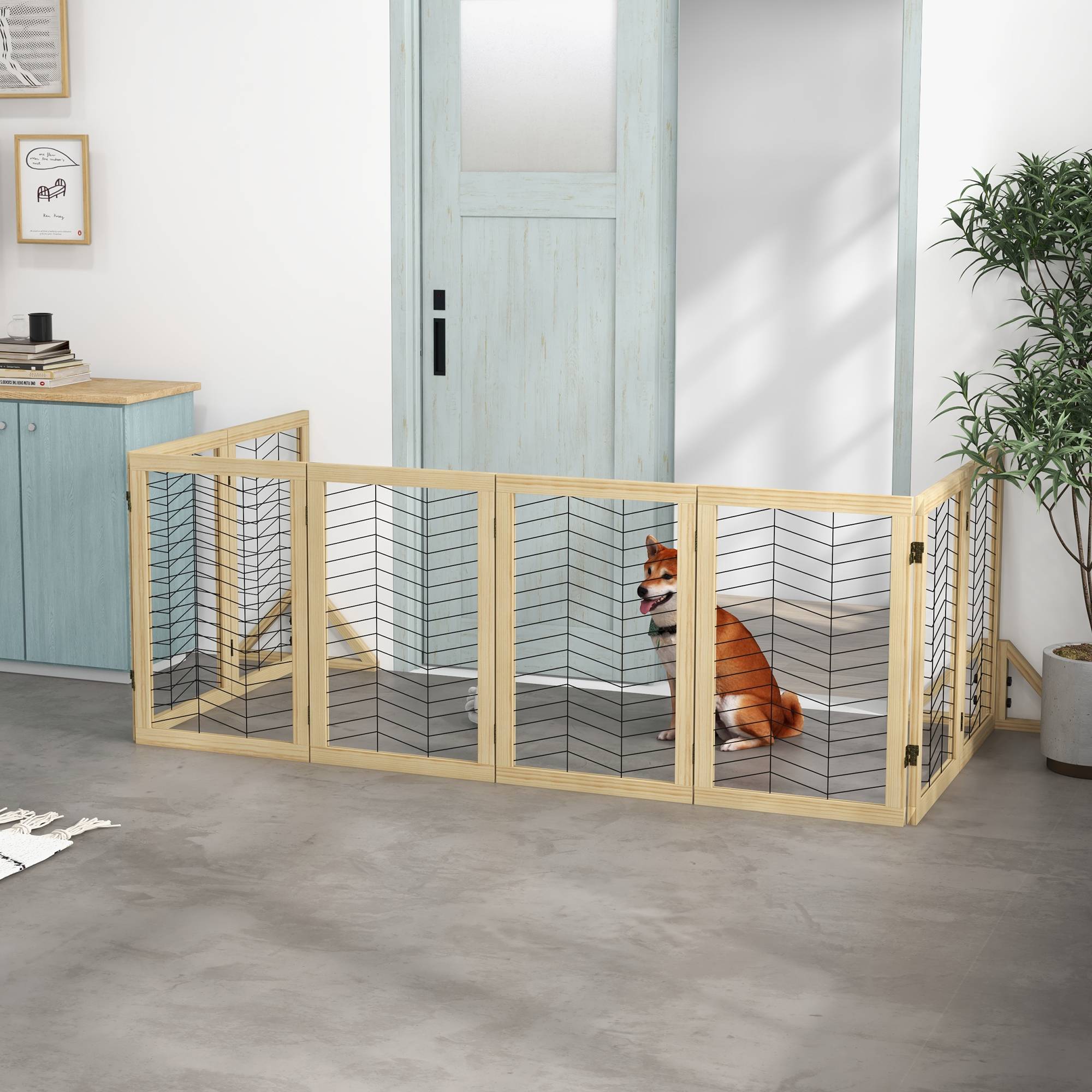 Barrière pour chien, barrière escalier, pliable, pin, 375 cm x 44 cm x 70 cm, naturel - Image 4