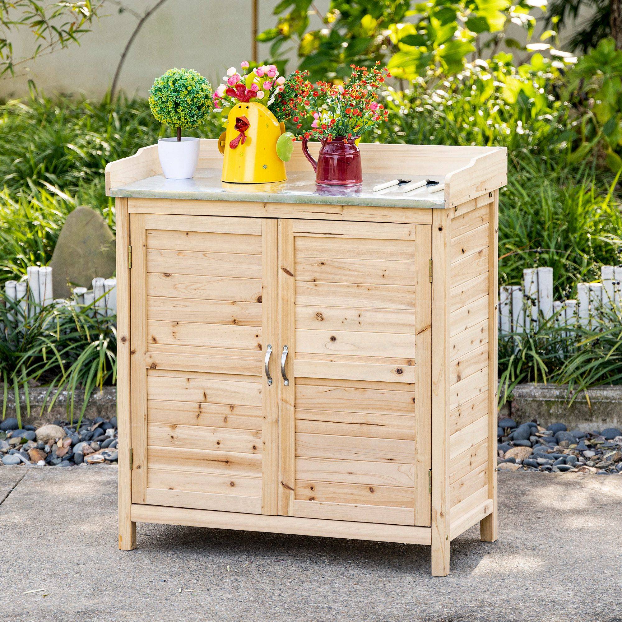 ComfortXL - Table de rempotage sapin et métal 83 x 40 x 92 cm bois naturel rangement jardin avec plan de travail - Image 1