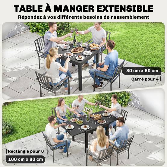 Table de jardin extensible table extérieur pour 4-6 personnes avec rallonge auto-stockée aluminium 80-160 x 80 cm noir - Image 6