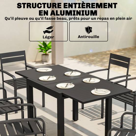 Table de jardin extensible table extérieur pour 4-6 personnes avec rallonge auto-stockée aluminium 80-160 x 80 cm noir - Image 7