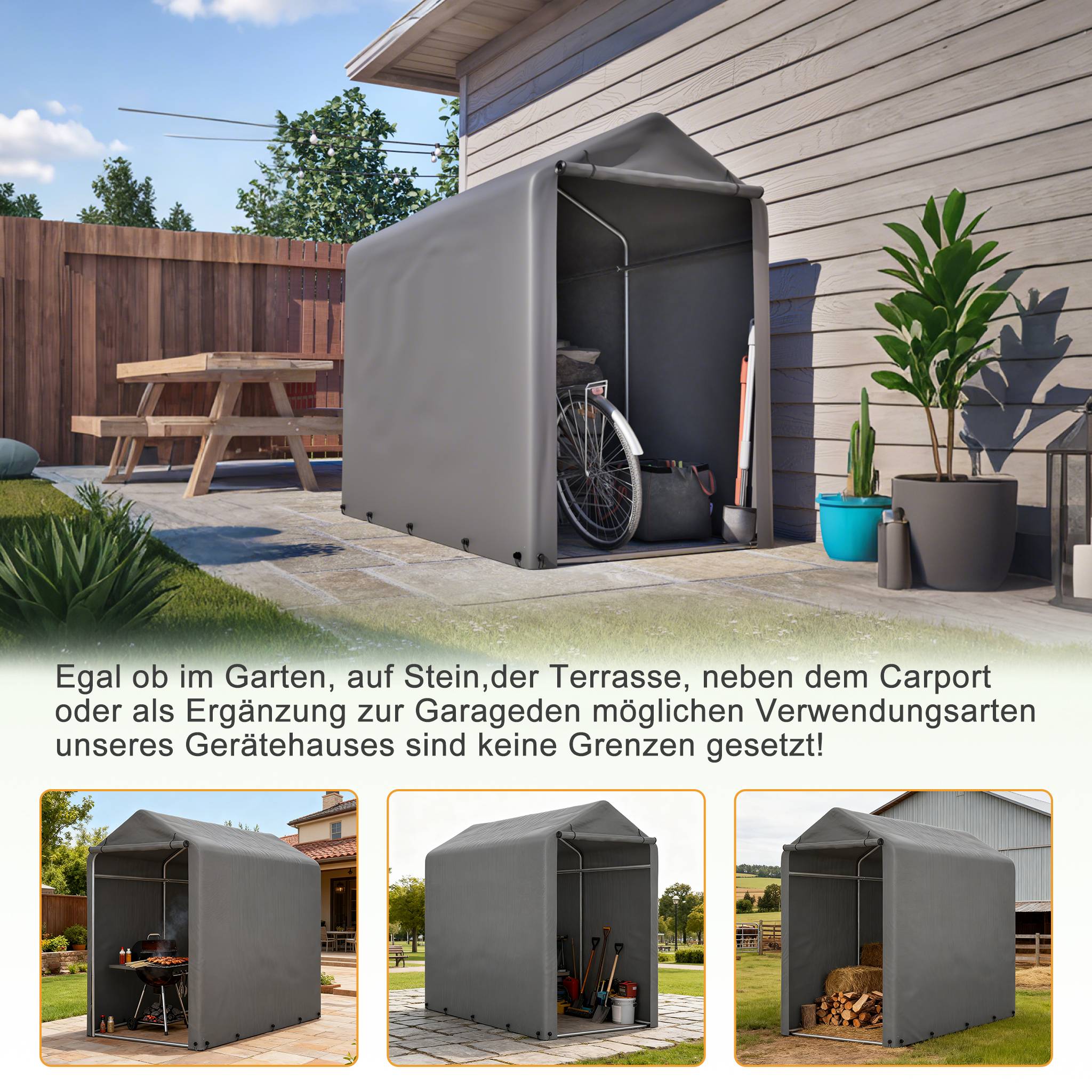 Garage à vélos 187x100x160cm cadre acier noir bâche PE gris foncé, adapté balcon terrasse cour - Image 4
