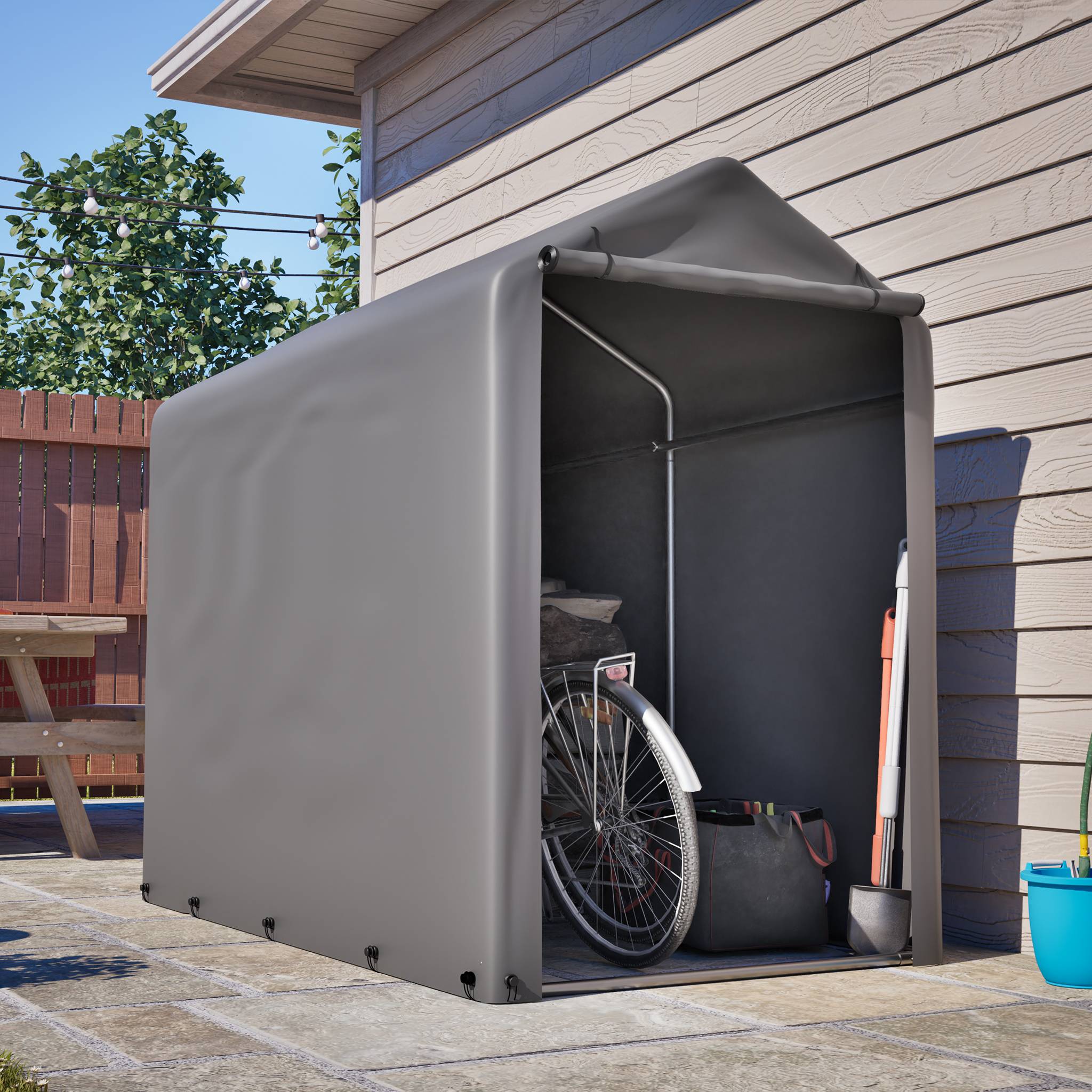 Garage à vélos 187x100x160cm cadre acier noir bâche PE gris foncé, adapté balcon terrasse cour - Image 9