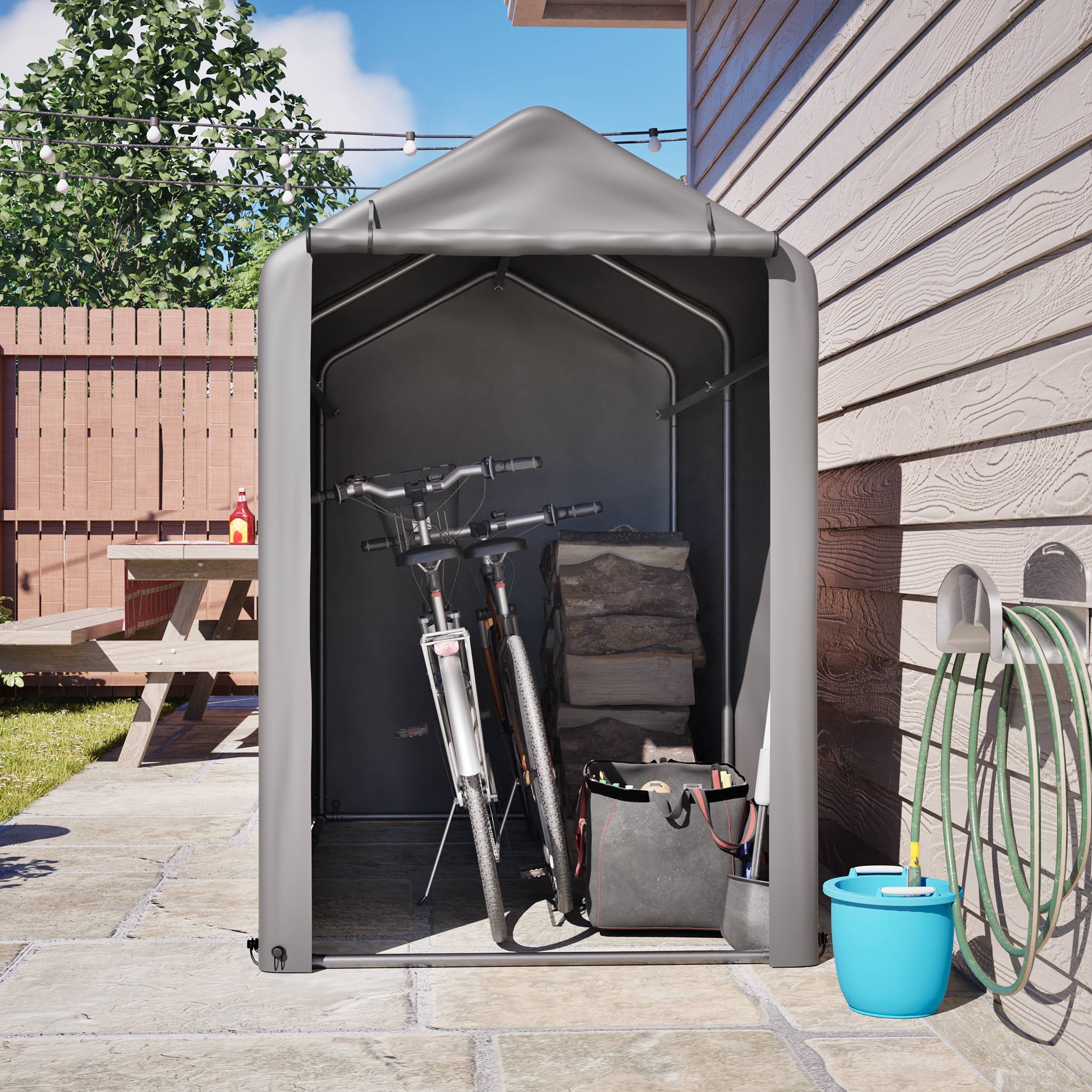 Garage à vélos 187x100x160cm cadre acier noir bâche PE gris foncé, adapté balcon terrasse cour