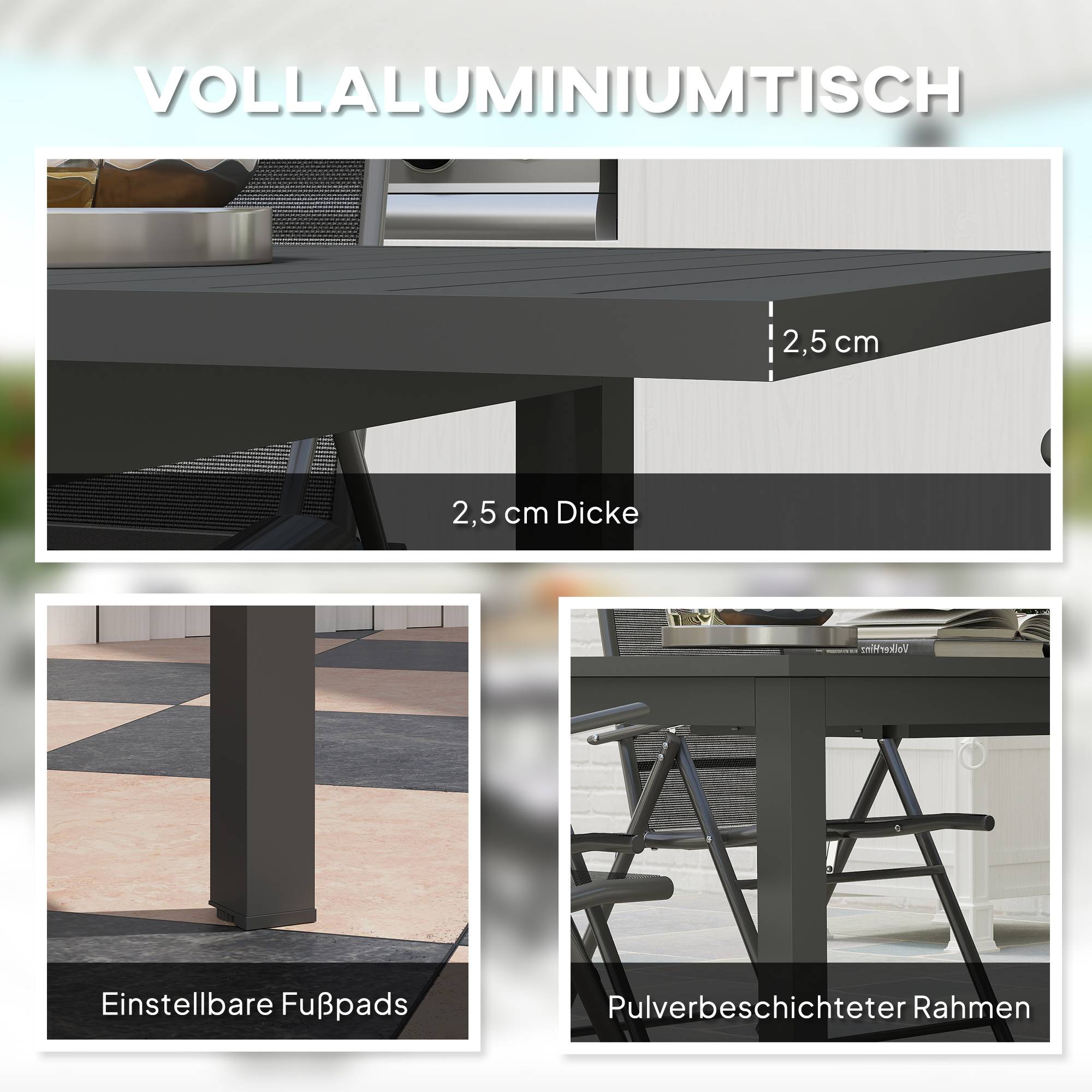 Table jardin aluminium extensible 160/220x90cm gris antidérapant, accueil 6 à 8 personnes - Image 6