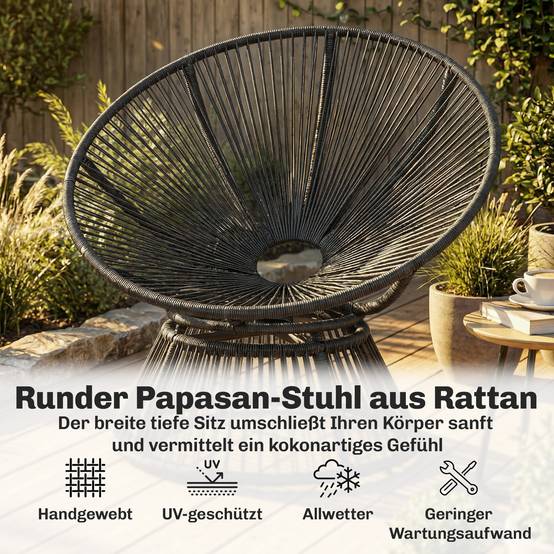 Fauteuil Papasan rond en rotin pivotant 360°, cadre en acier avec coussin confortable, coloris gris pour salon et extérieur - Image 5