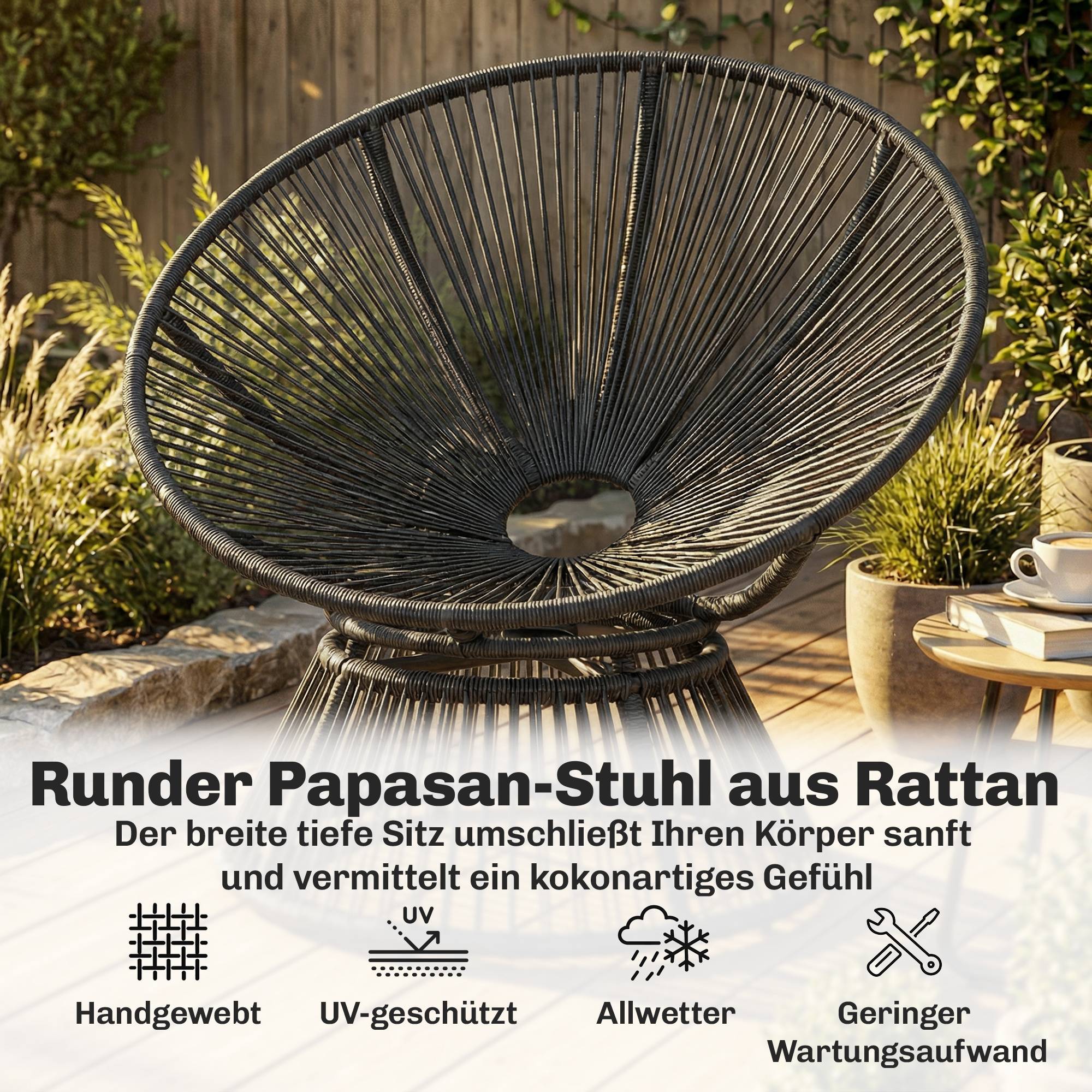 Fauteuil Papasan rond en rotin pivotant 360°, cadre en acier avec coussin confortable, coloris gris pour salon et extérieur - Image 5