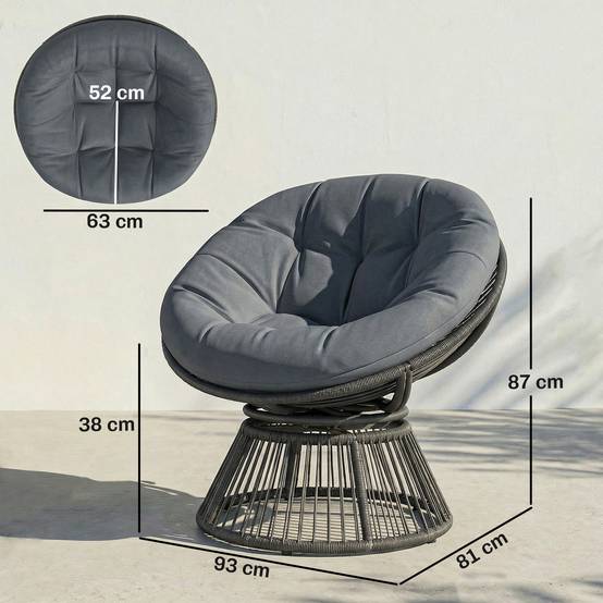 Fauteuil Papasan rond en rotin pivotant 360°, cadre en acier avec coussin confortable, coloris gris pour salon et extérieur - Image 3