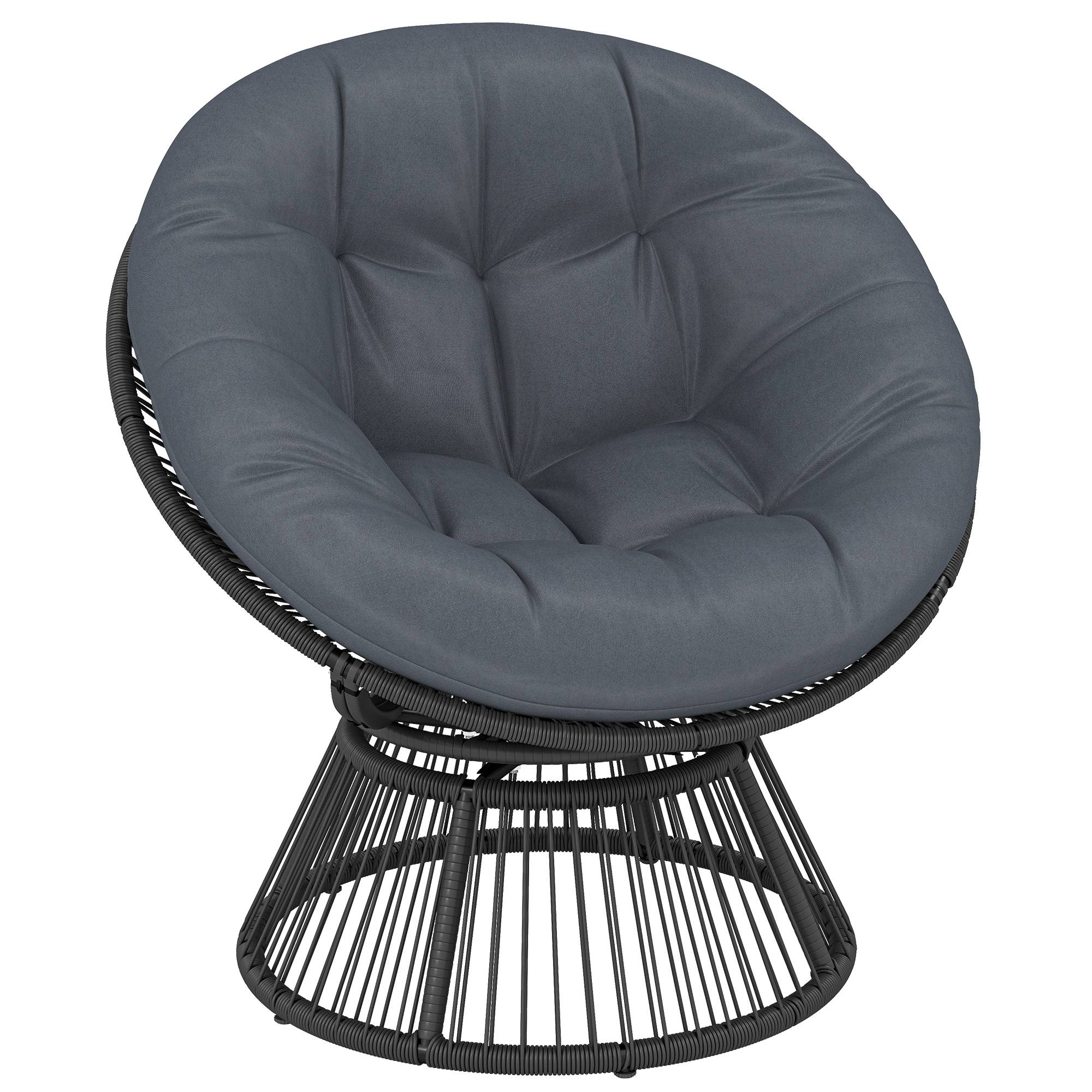 Fauteuil Papasan rond en rotin pivotant 360°, cadre en acier avec coussin confortable, coloris gris pour salon et extérieur