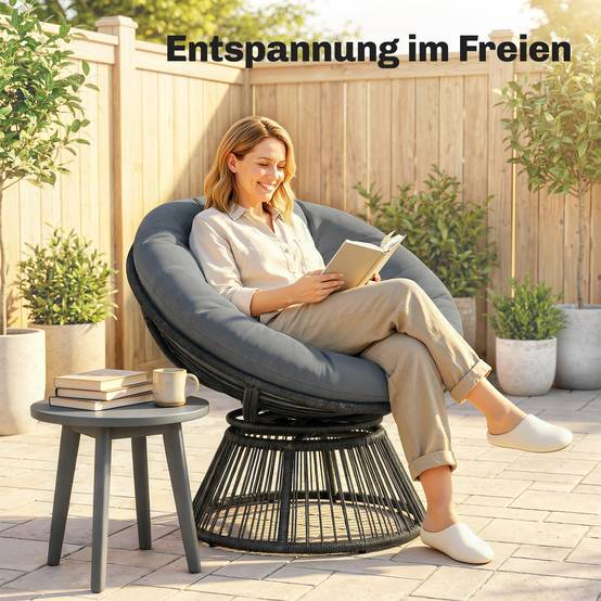 Fauteuil Papasan rond en rotin pivotant 360°, cadre en acier avec coussin confortable, coloris gris pour salon et extérieur - Image 8