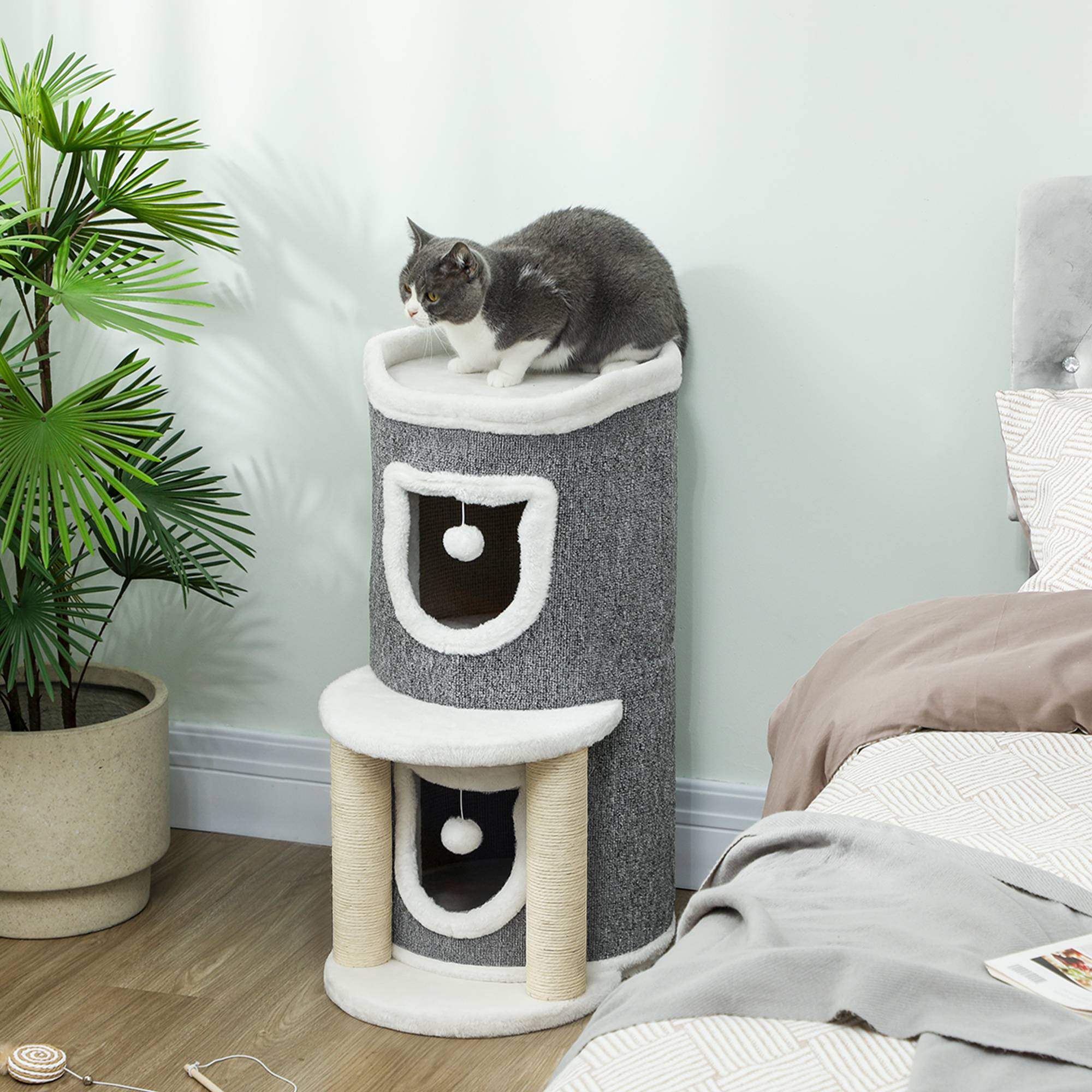 Arbre à chat à griffer, 76 cm, avec couchage, 2 niches, poteaux en sisal, tapis de jeu, balles, gris - Image 3