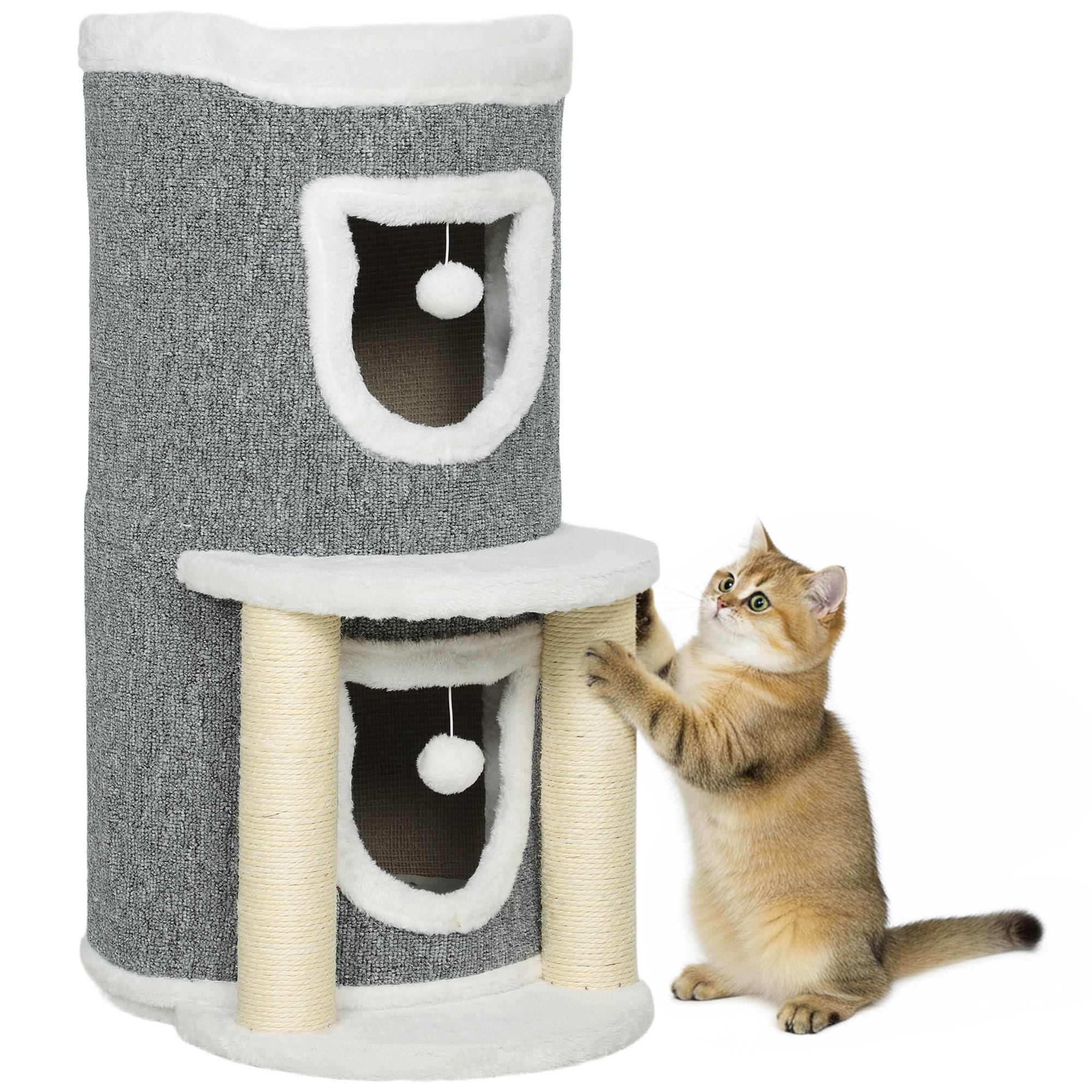 Arbre à chat à griffer, 76 cm, avec couchage, 2 niches, poteaux en sisal, tapis de jeu, balles, gris - Image 1