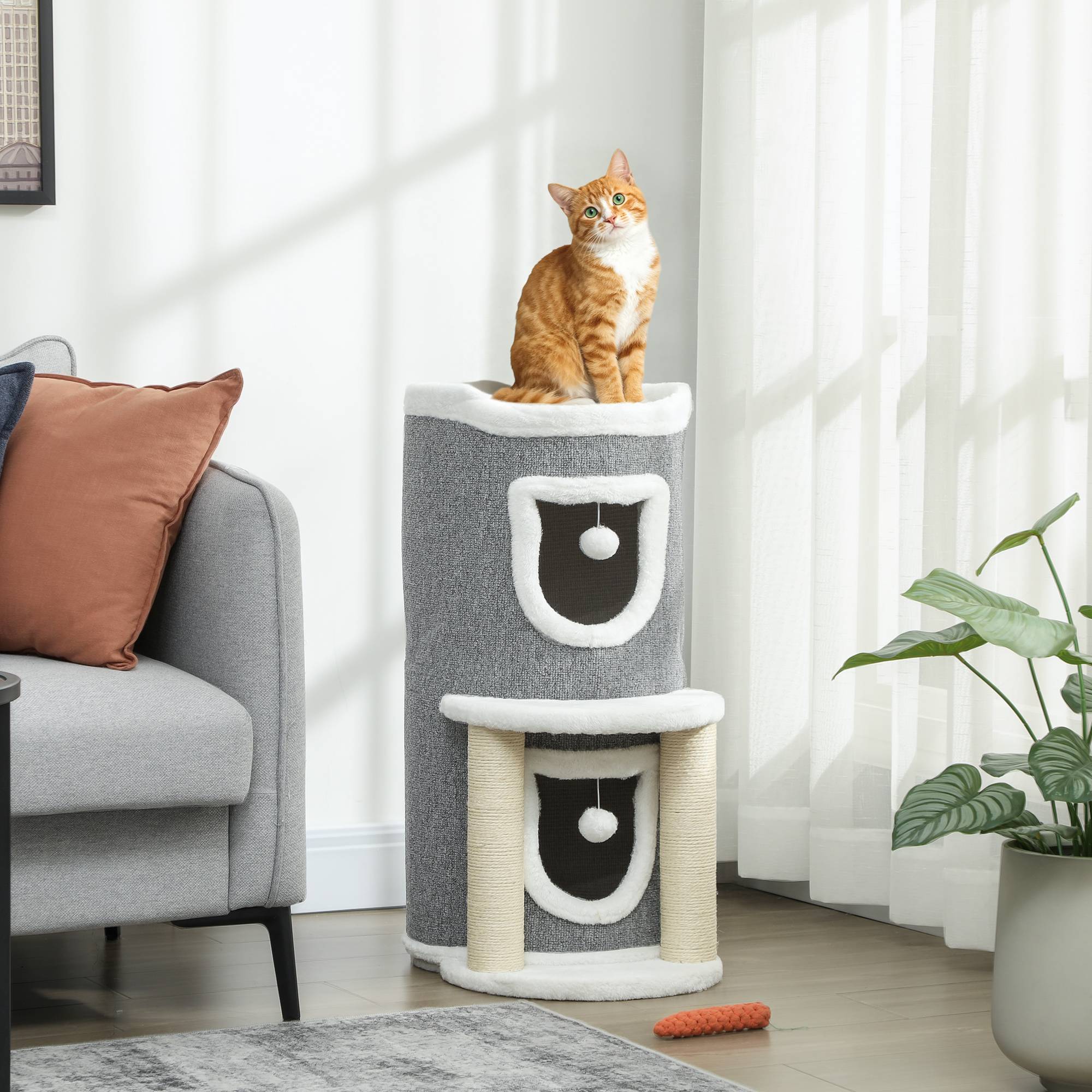 Arbre à chat à griffer, 76 cm, avec couchage, 2 niches, poteaux en sisal, tapis de jeu, balles, gris - Image 4