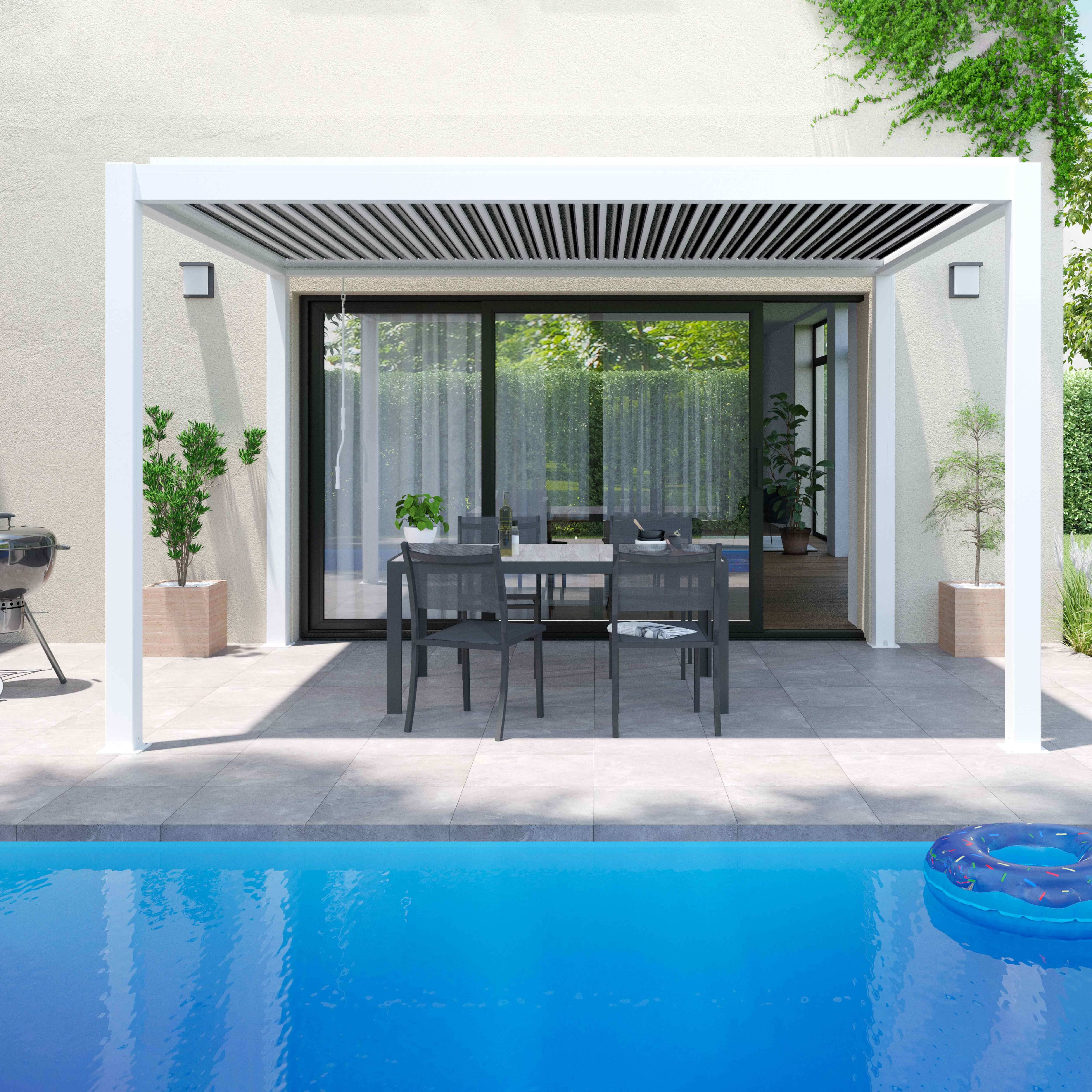 Oviala - Pergola bioclimatique 3x4m autoportée avec 1 store 3,73 x 2,34 m blanc Athenes - Oviala - Imagen 3
